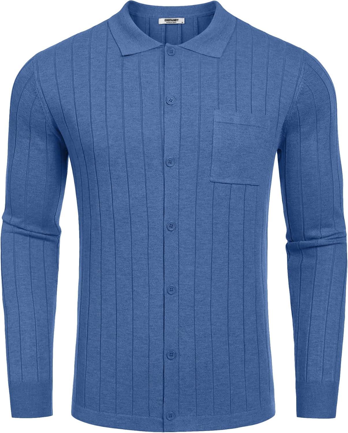 imageCOOFANDY Mens Casual Knit Polo Shirts Long Sleeve Button Down Sweater Polo Ribbed Cardigan Sweater with PocketBlue