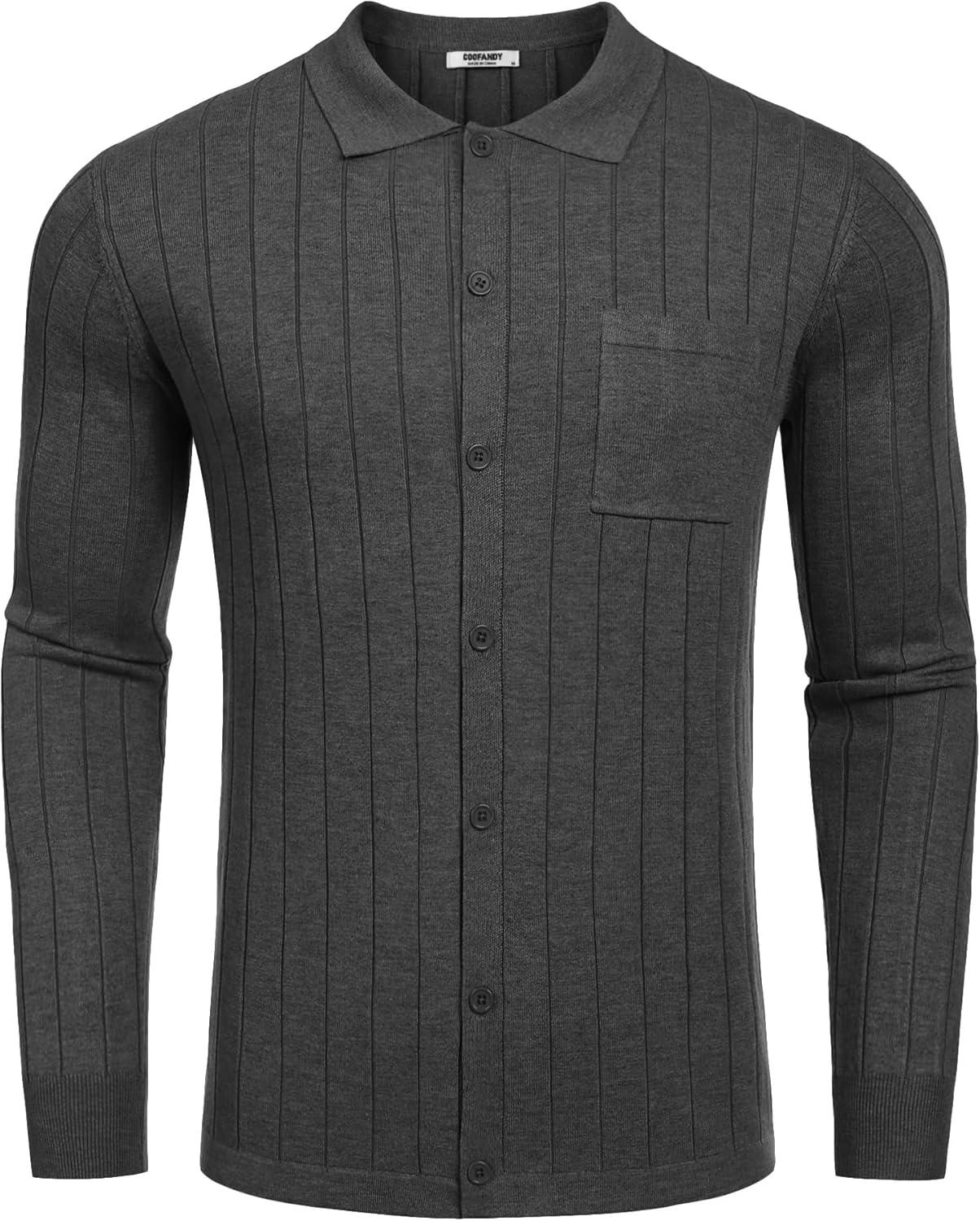 imageCOOFANDY Mens Casual Knit Polo Shirts Long Sleeve Button Down Sweater Polo Ribbed Cardigan Sweater with PocketDark Grey