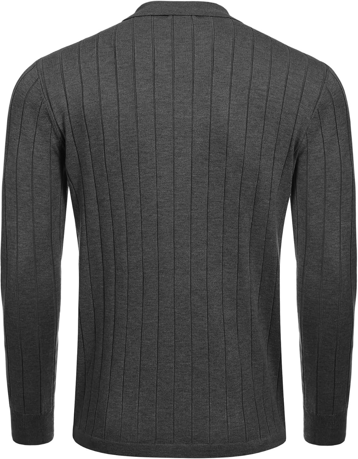 imageCOOFANDY Mens Casual Knit Polo Shirts Long Sleeve Button Down Sweater Polo Ribbed Cardigan Sweater with PocketDark Grey