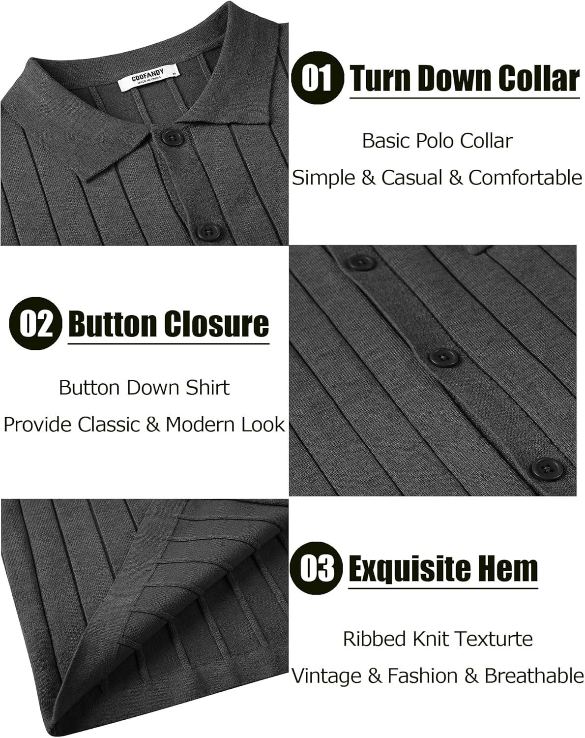 imageCOOFANDY Mens Casual Knit Polo Shirts Long Sleeve Button Down Sweater Polo Ribbed Cardigan Sweater with PocketDark Grey