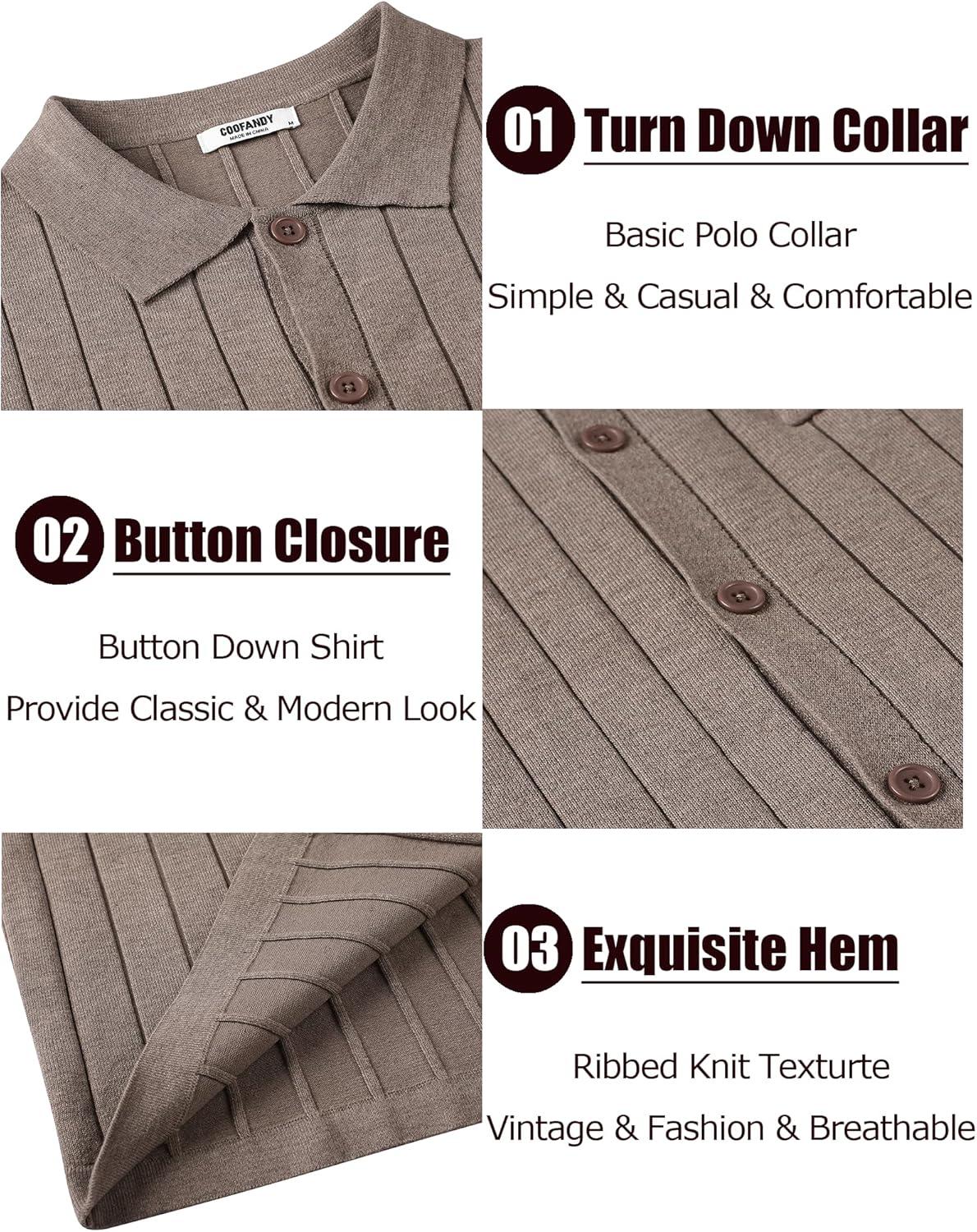 imageCOOFANDY Mens Casual Knit Polo Shirts Long Sleeve Button Down Sweater Polo Ribbed Cardigan Sweater with PocketKhaki