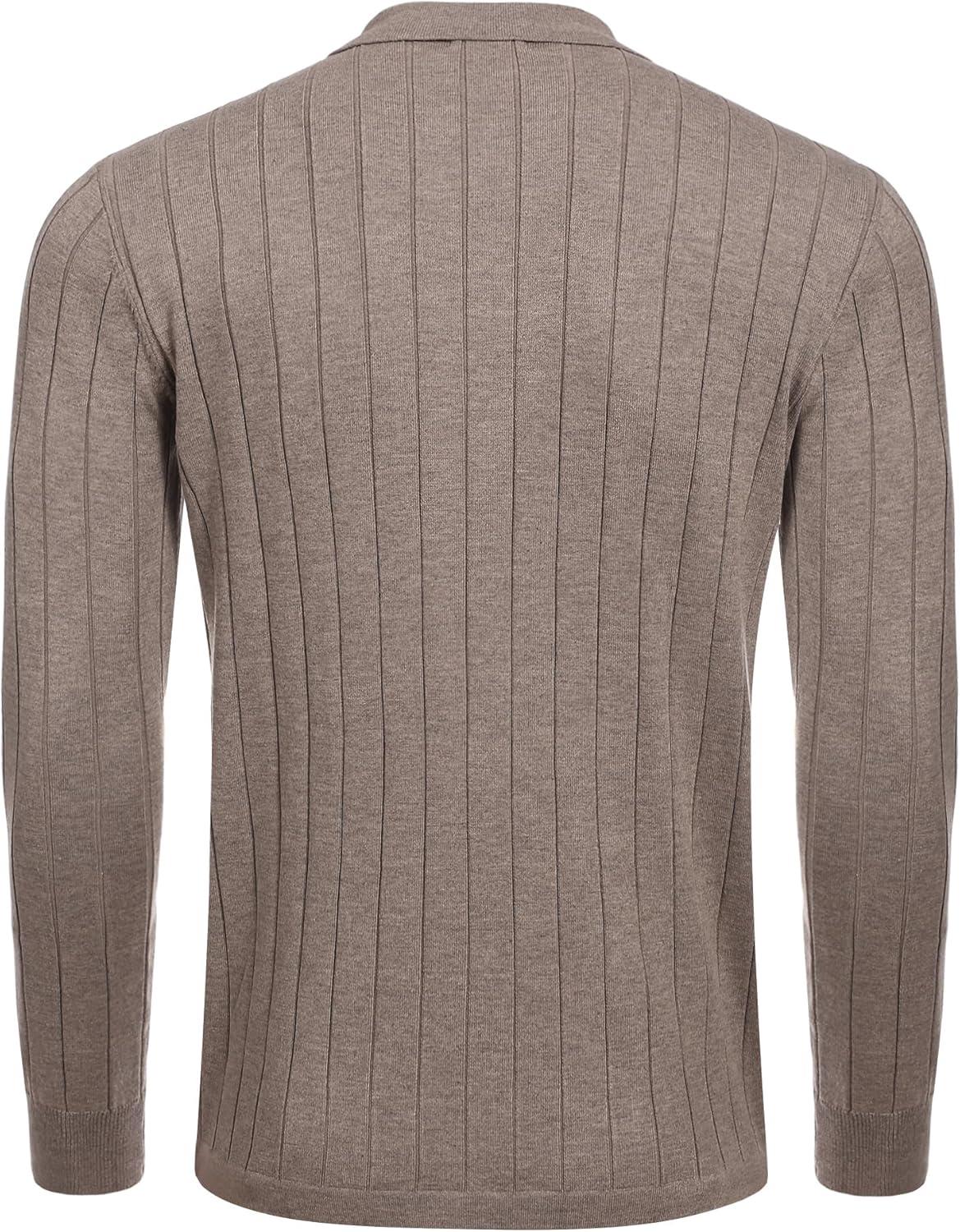 imageCOOFANDY Mens Casual Knit Polo Shirts Long Sleeve Button Down Sweater Polo Ribbed Cardigan Sweater with PocketKhaki