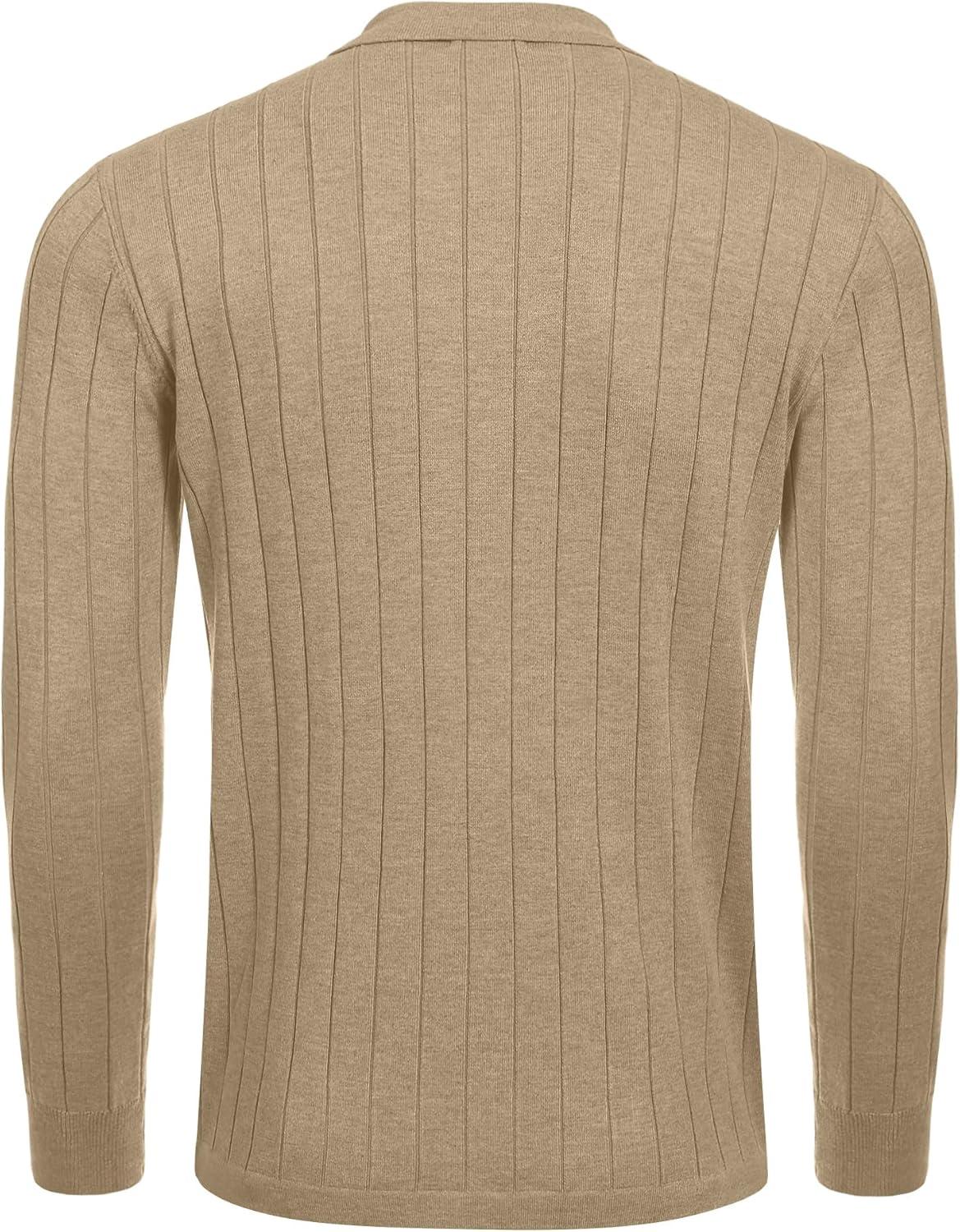 imageCOOFANDY Mens Casual Knit Polo Shirts Long Sleeve Button Down Sweater Polo Ribbed Cardigan Sweater with PocketLight Khaki