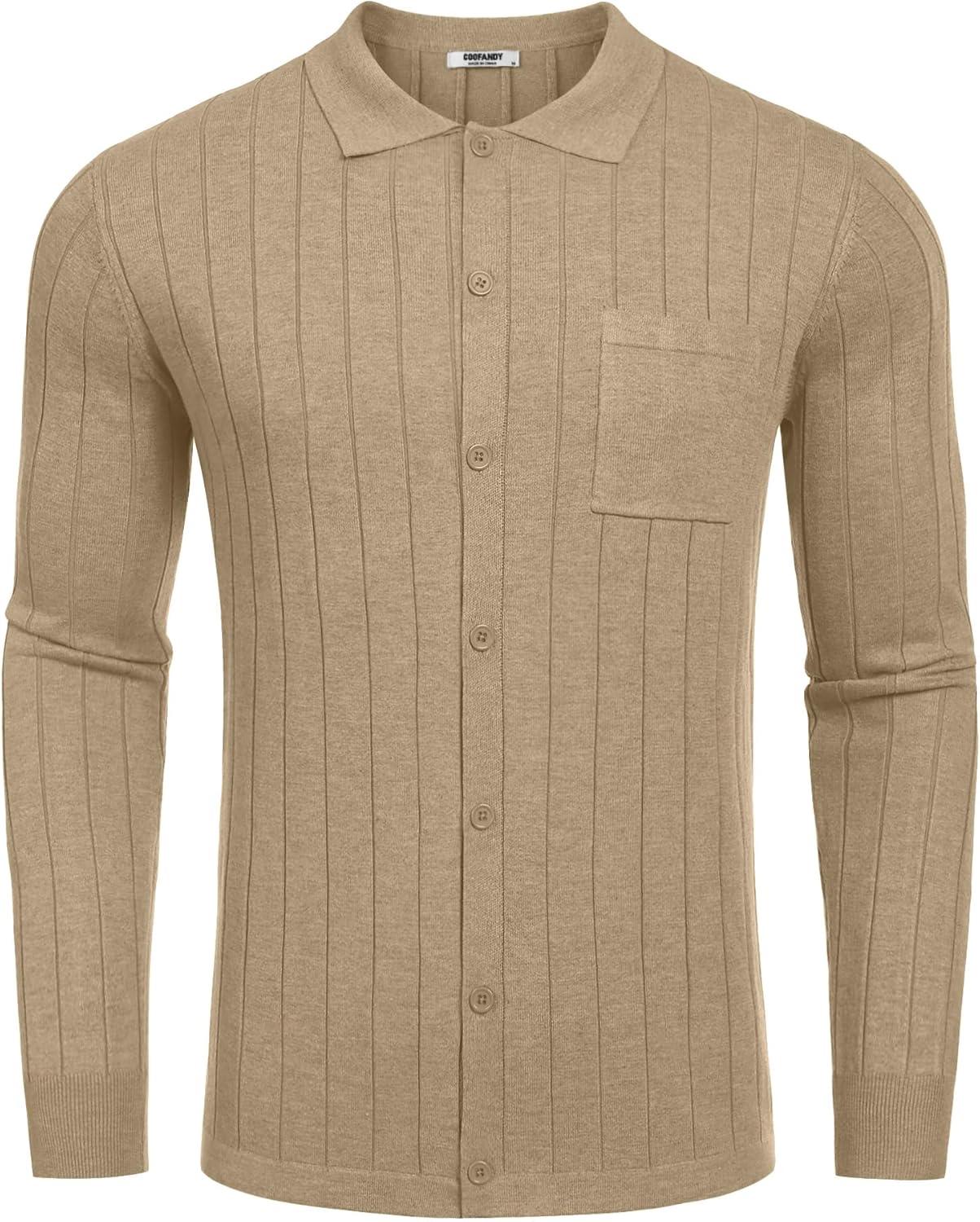imageCOOFANDY Mens Casual Knit Polo Shirts Long Sleeve Button Down Sweater Polo Ribbed Cardigan Sweater with PocketLight Khaki
