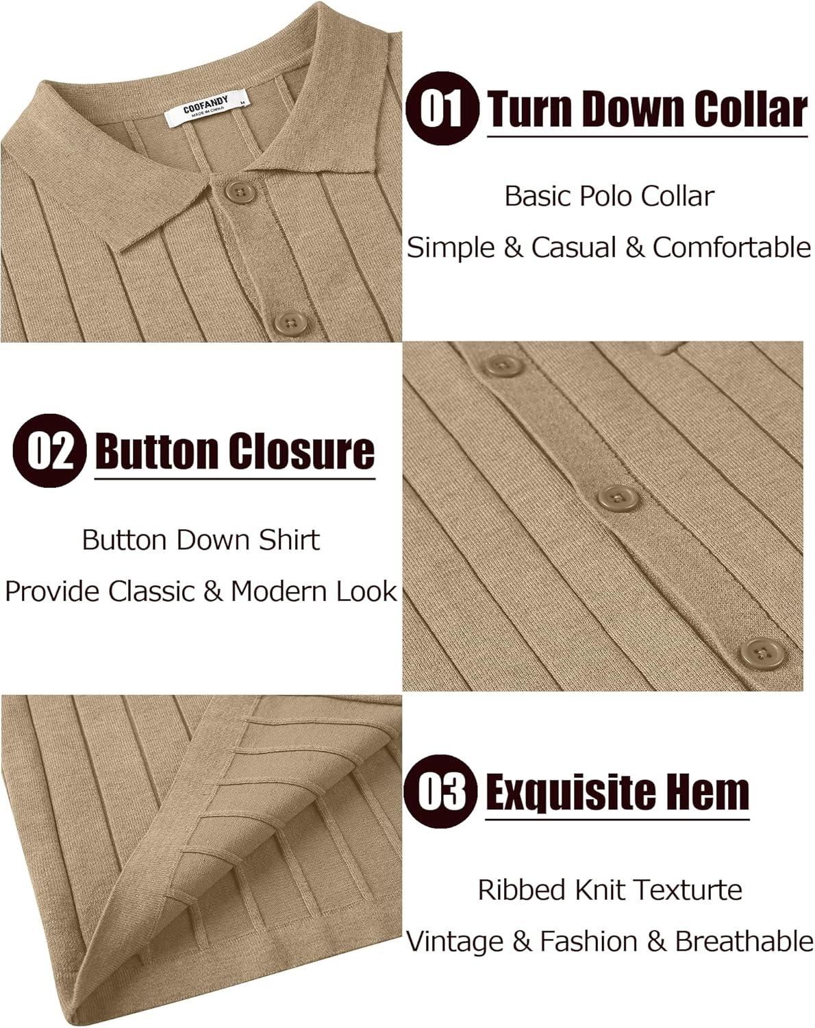 imageCOOFANDY Mens Casual Knit Polo Shirts Long Sleeve Button Down Sweater Polo Ribbed Cardigan Sweater with PocketLight Khaki