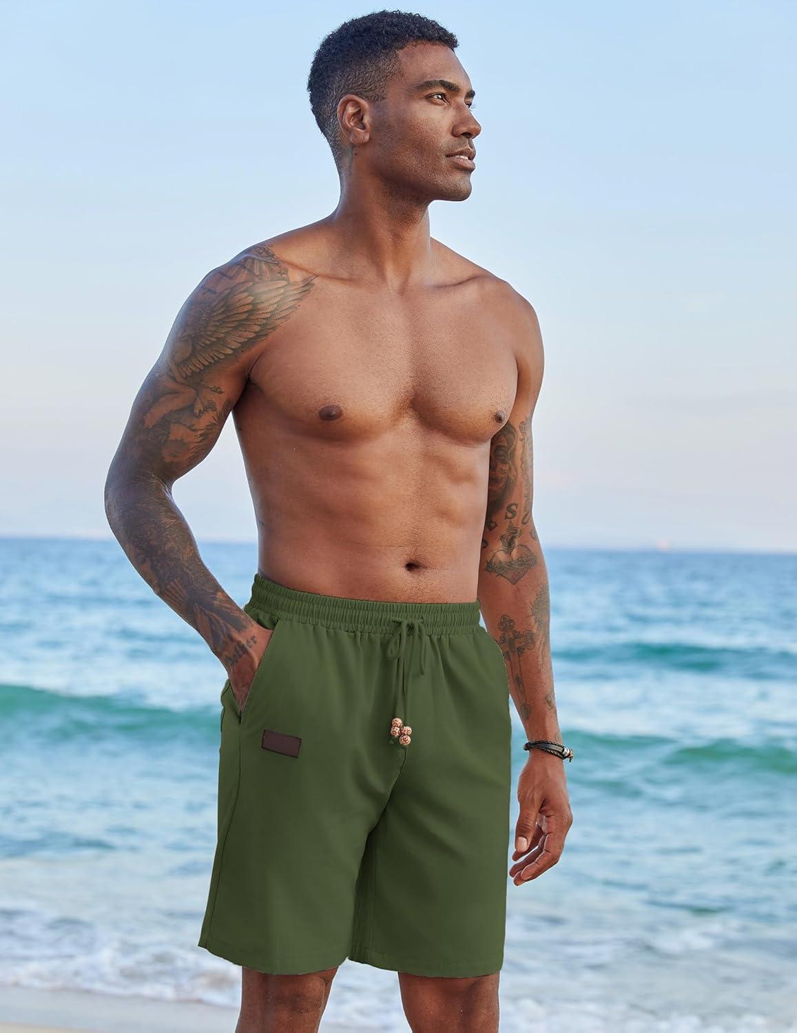 imageCOOFANDY Mens Casual Linen Shorts Elastic Waist Drawstring Loose Fit Summer Beach Vacation Shorts with PocketsArmy Green