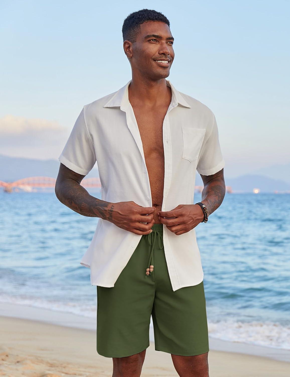 imageCOOFANDY Mens Casual Linen Shorts Elastic Waist Drawstring Loose Fit Summer Beach Vacation Shorts with PocketsArmy Green
