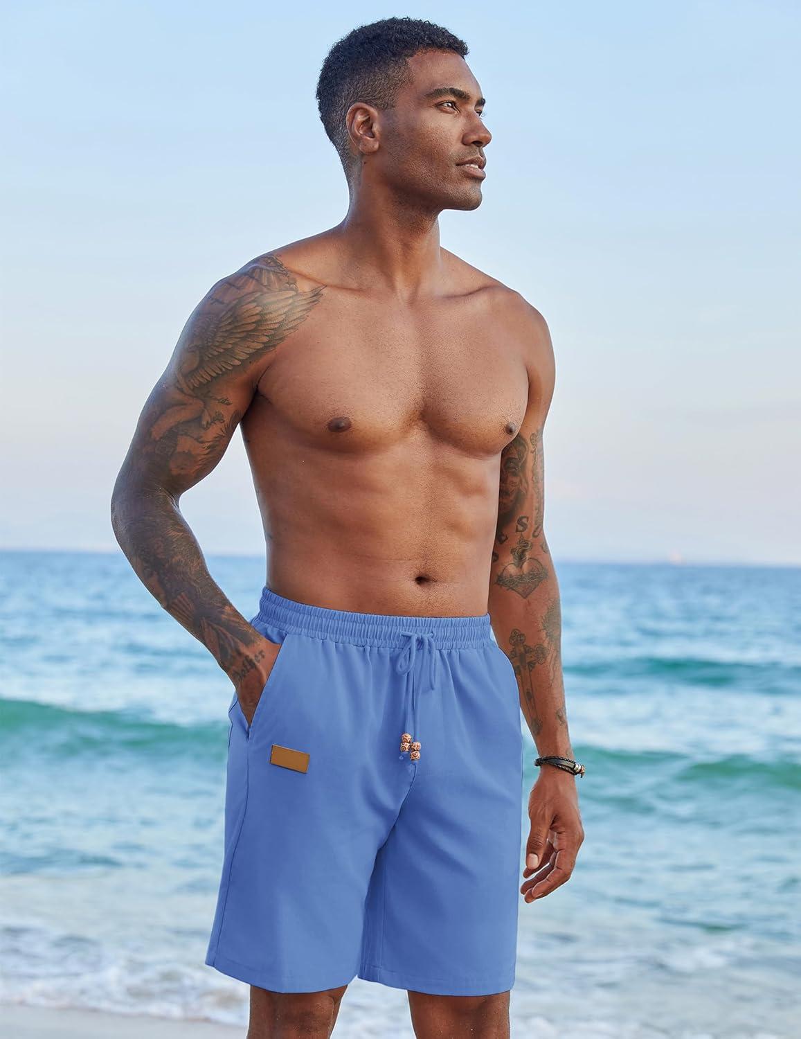imageCOOFANDY Mens Casual Linen Shorts Elastic Waist Drawstring Loose Fit Summer Beach Vacation Shorts with PocketsBlue