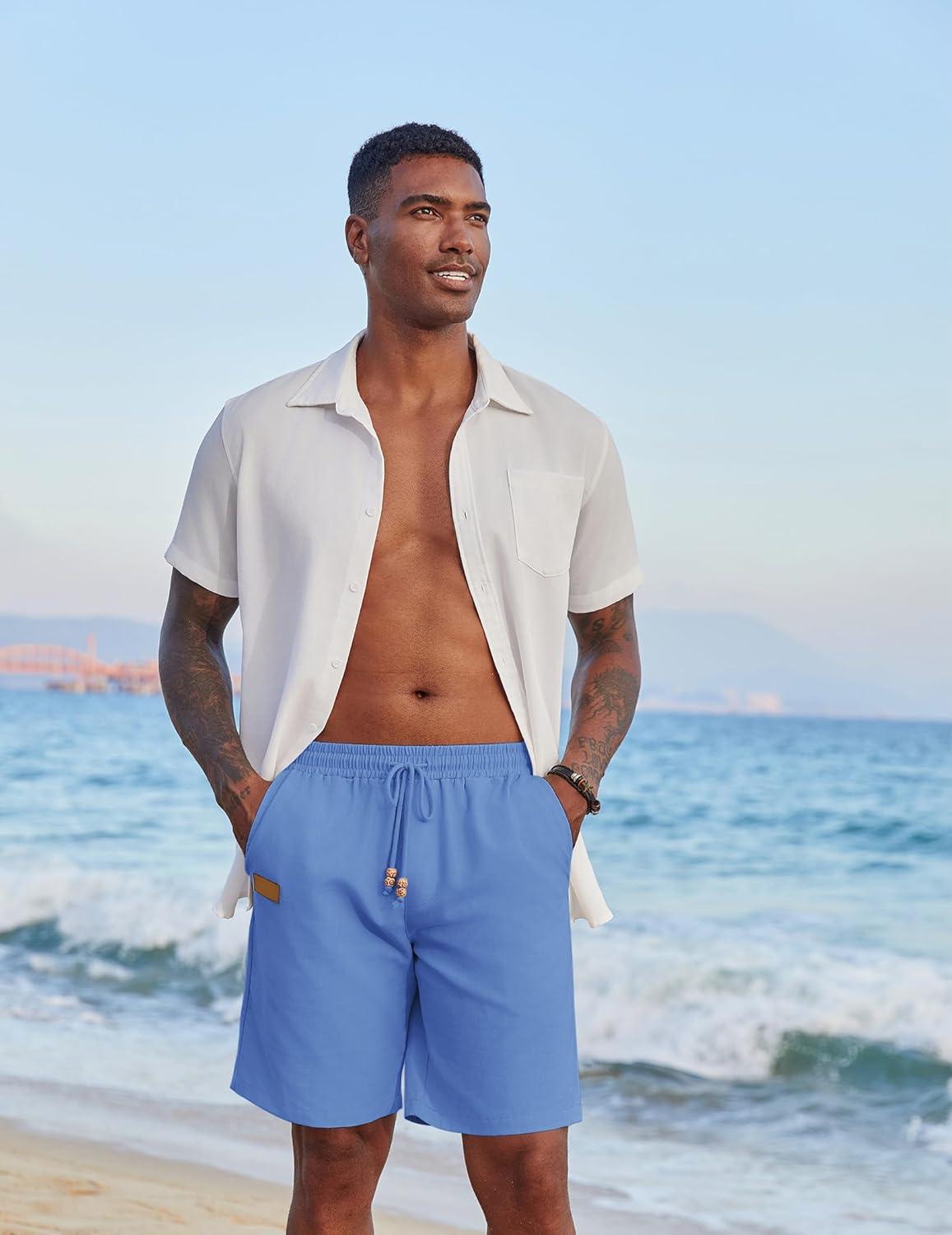 imageCOOFANDY Mens Casual Linen Shorts Elastic Waist Drawstring Loose Fit Summer Beach Vacation Shorts with PocketsBlue
