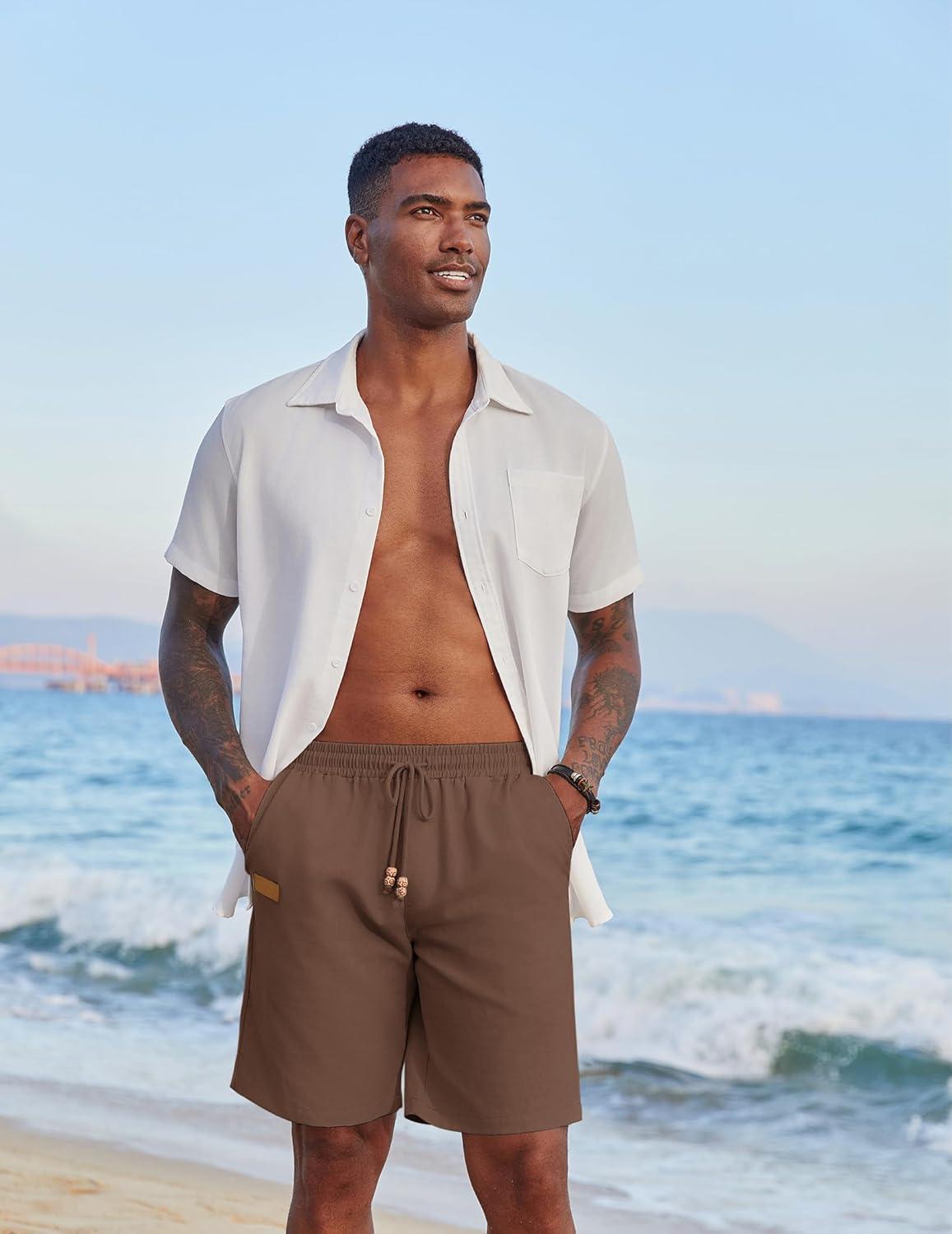imageCOOFANDY Mens Casual Linen Shorts Elastic Waist Drawstring Loose Fit Summer Beach Vacation Shorts with PocketsBrown