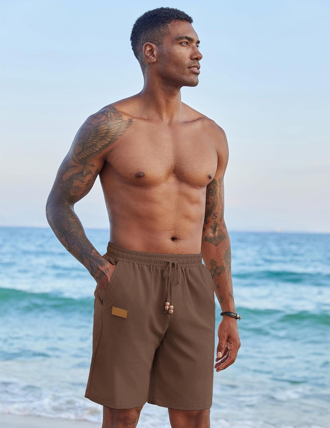 imageCOOFANDY Mens Casual Linen Shorts Elastic Waist Drawstring Loose Fit Summer Beach Vacation Shorts with PocketsBrown