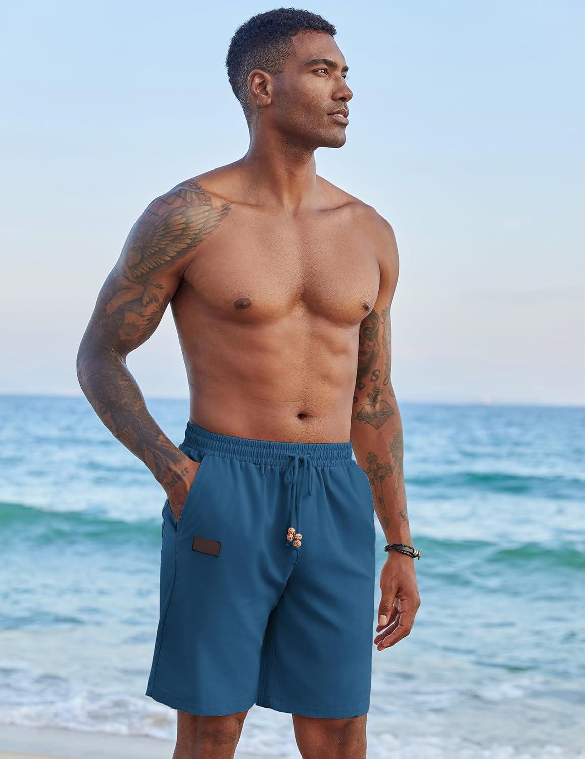 imageCOOFANDY Mens Casual Linen Shorts Elastic Waist Drawstring Loose Fit Summer Beach Vacation Shorts with PocketsDark Blue