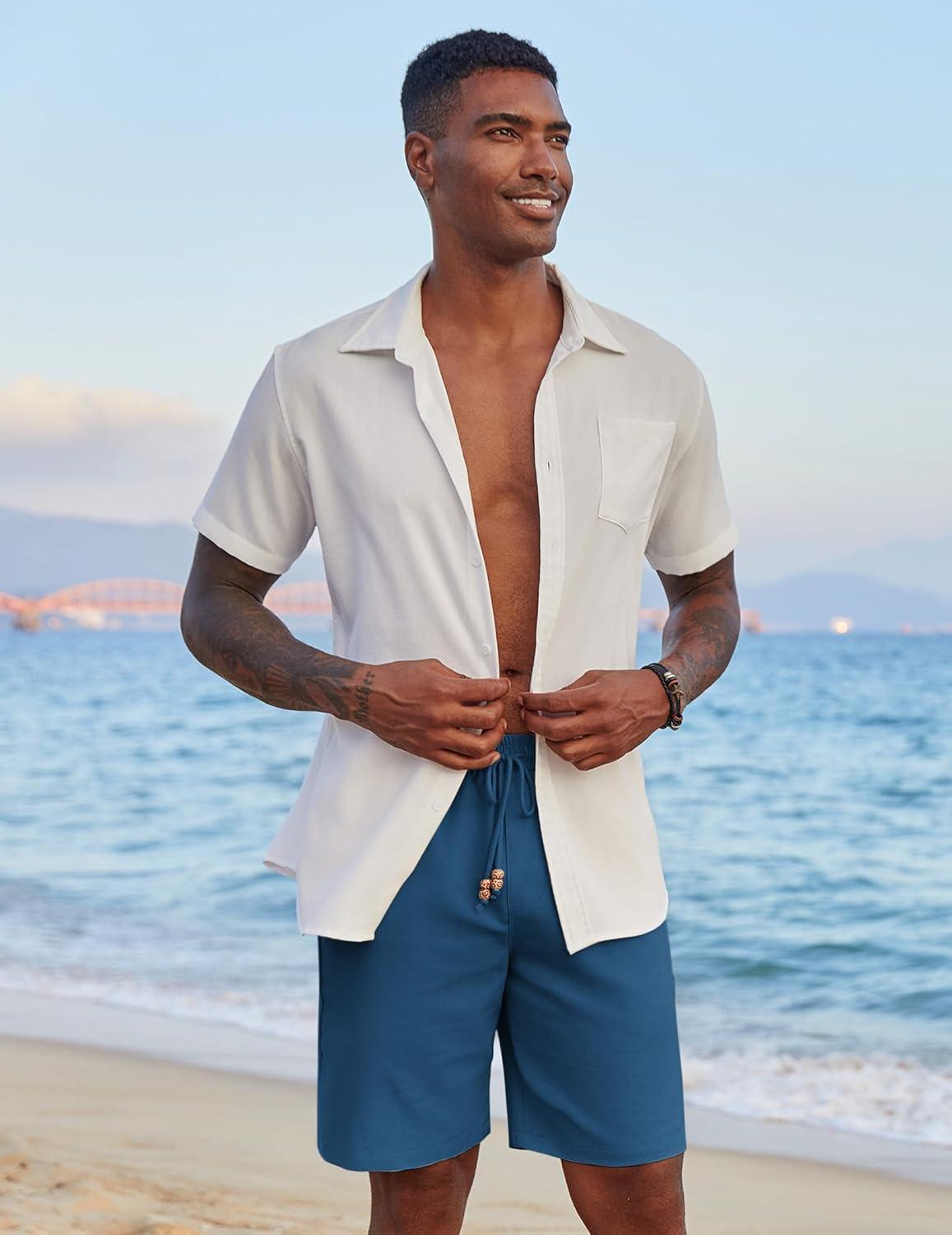 imageCOOFANDY Mens Casual Linen Shorts Elastic Waist Drawstring Loose Fit Summer Beach Vacation Shorts with PocketsDark Blue