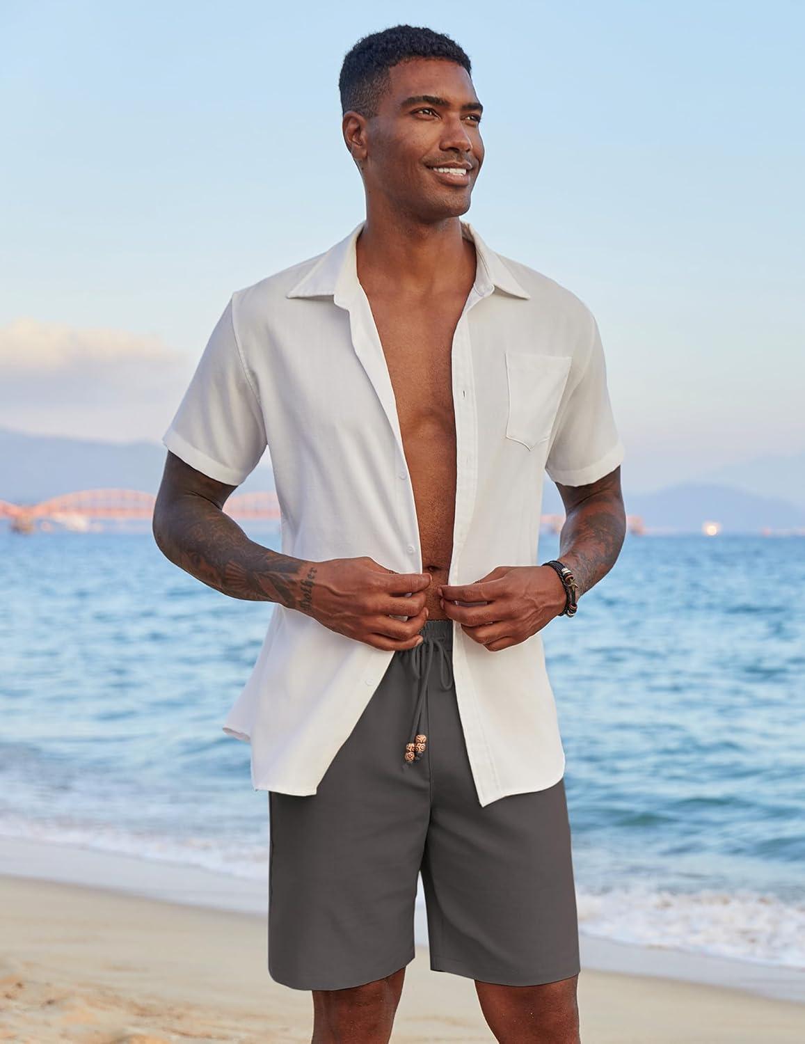 imageCOOFANDY Mens Casual Linen Shorts Elastic Waist Drawstring Loose Fit Summer Beach Vacation Shorts with PocketsDark Grey