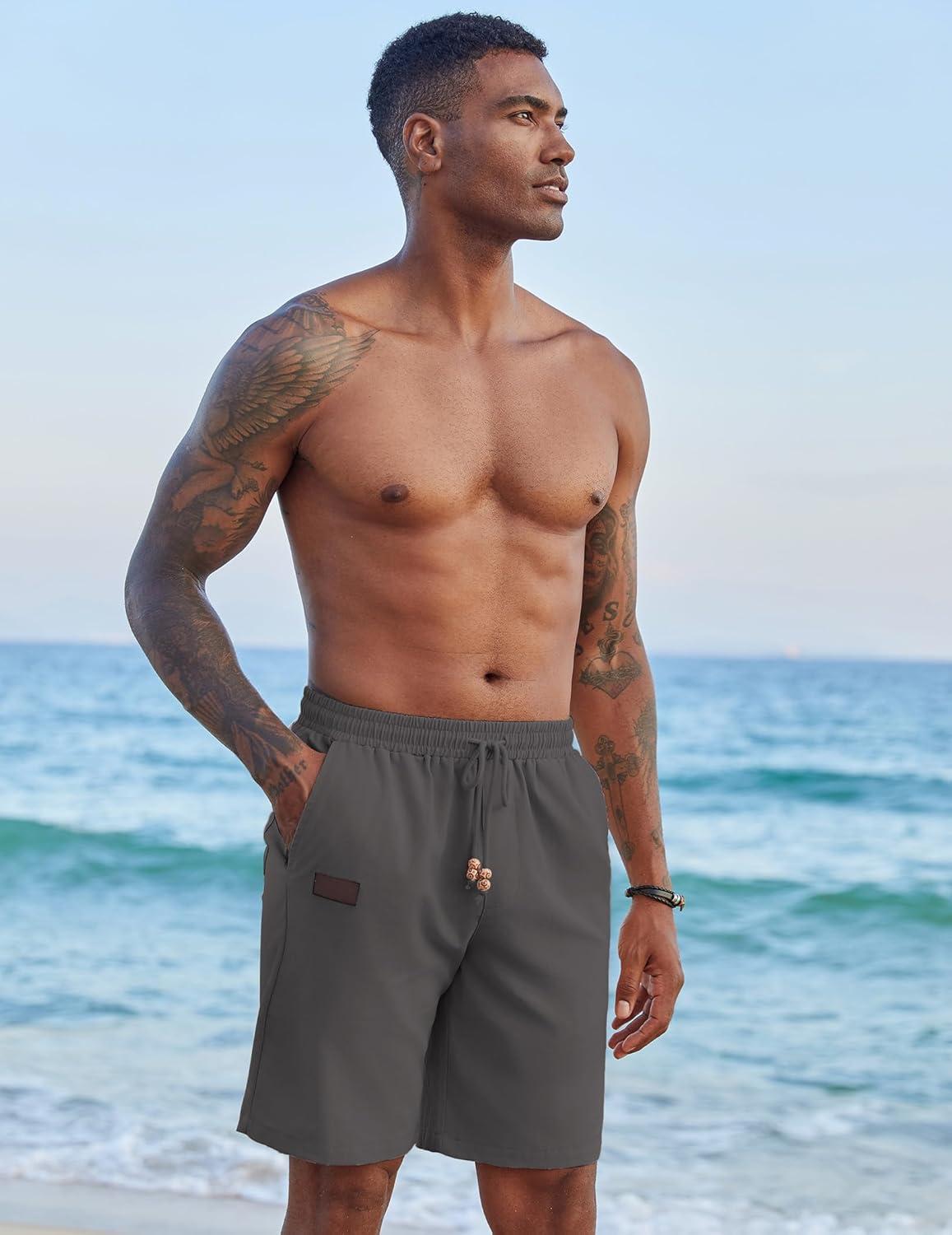 imageCOOFANDY Mens Casual Linen Shorts Elastic Waist Drawstring Loose Fit Summer Beach Vacation Shorts with PocketsDark Grey