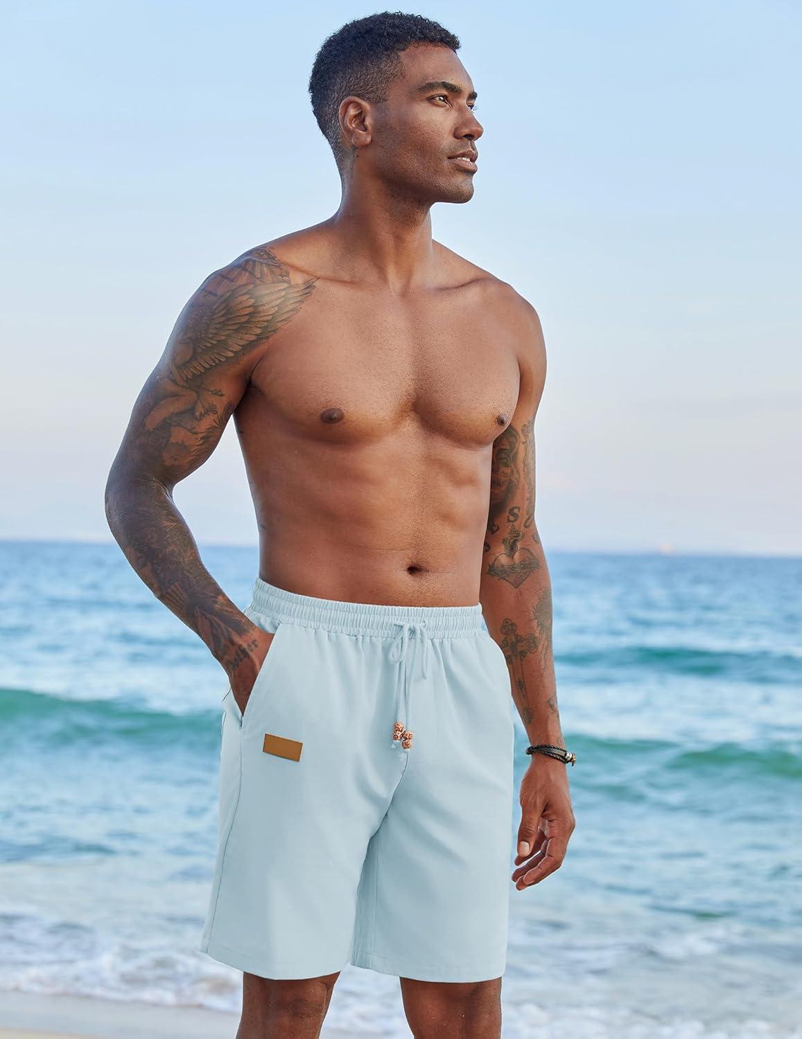 imageCOOFANDY Mens Casual Linen Shorts Elastic Waist Drawstring Loose Fit Summer Beach Vacation Shorts with PocketsLight Blue