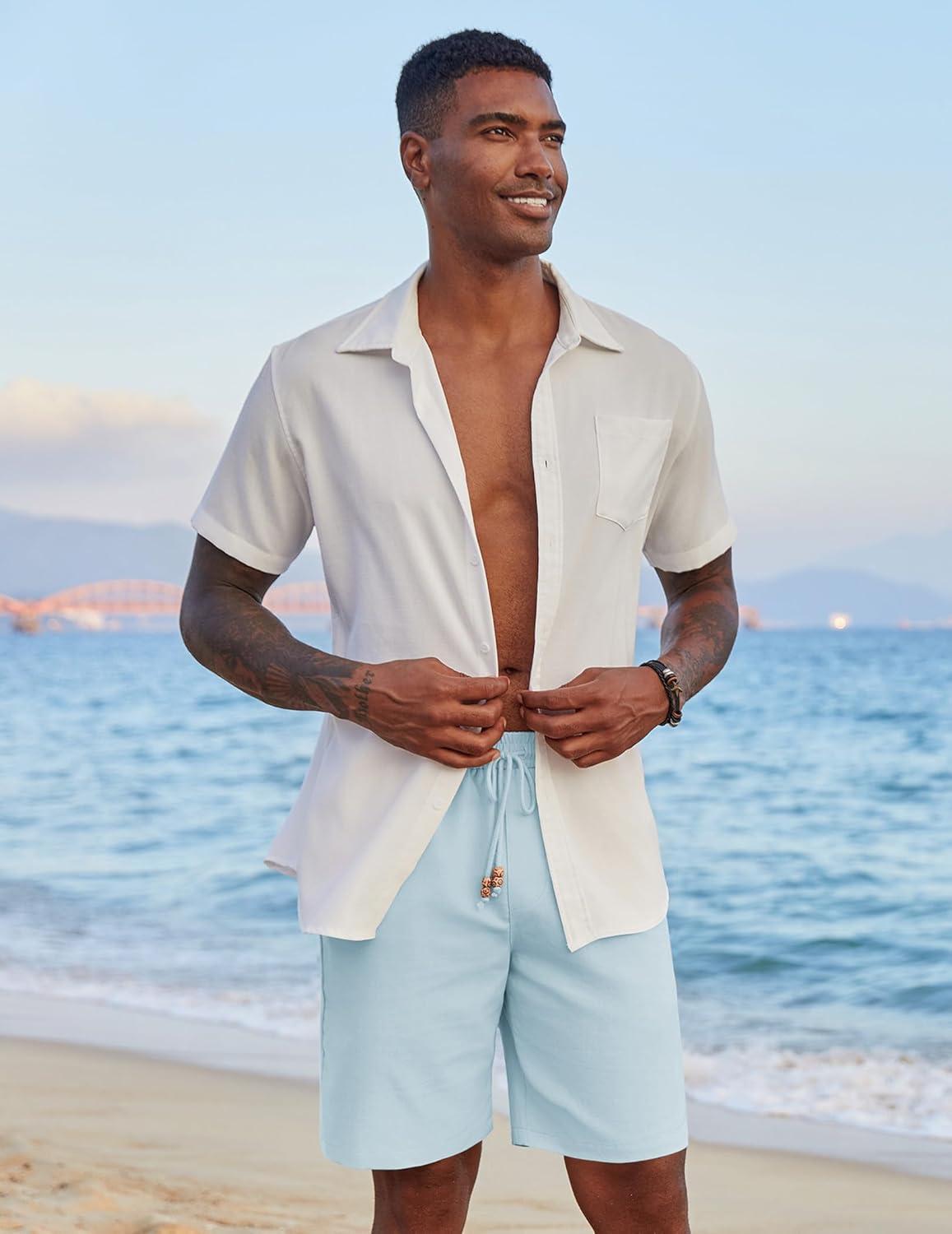 imageCOOFANDY Mens Casual Linen Shorts Elastic Waist Drawstring Loose Fit Summer Beach Vacation Shorts with PocketsLight Blue
