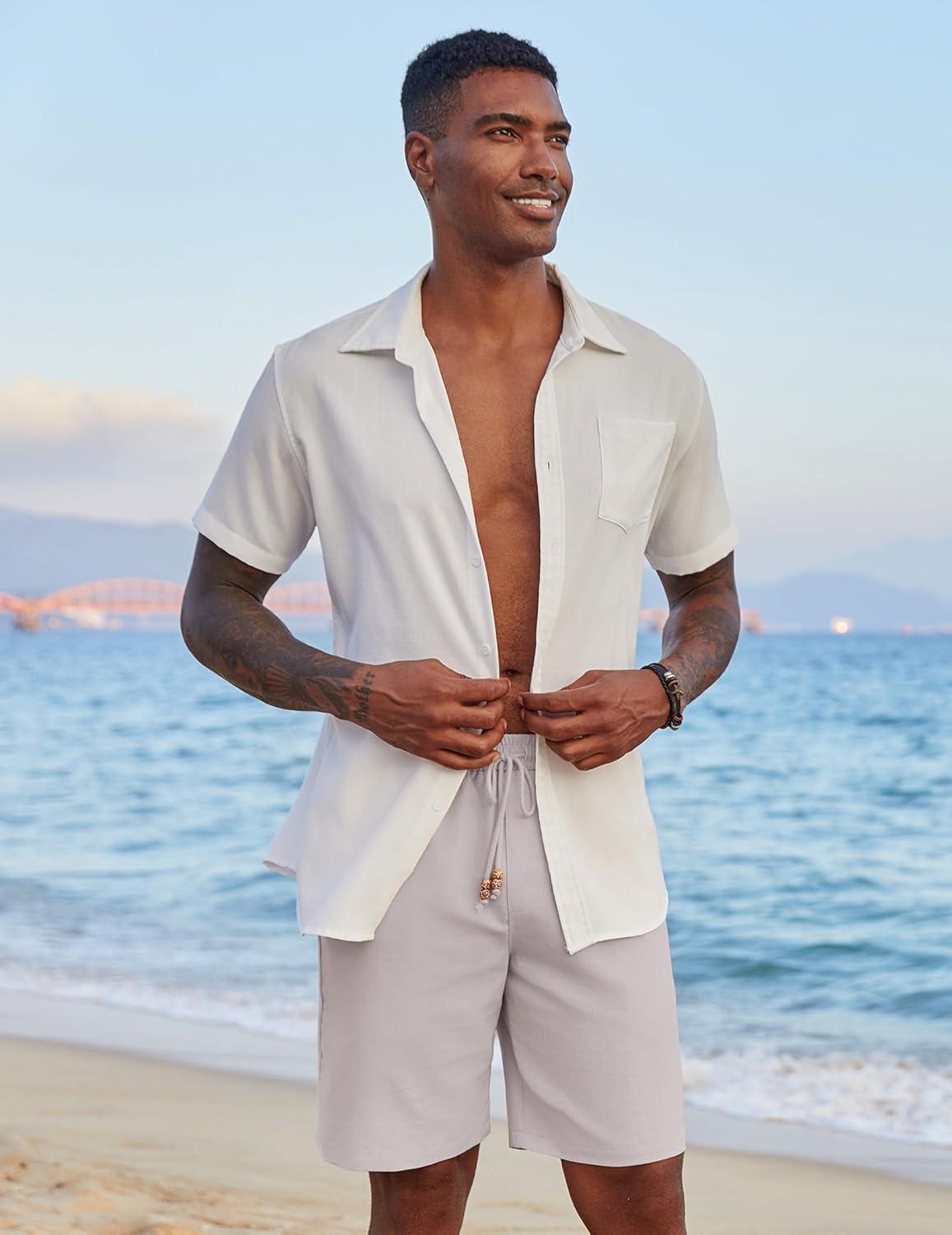 imageCOOFANDY Mens Casual Linen Shorts Elastic Waist Drawstring Loose Fit Summer Beach Vacation Shorts with PocketsLight Grey