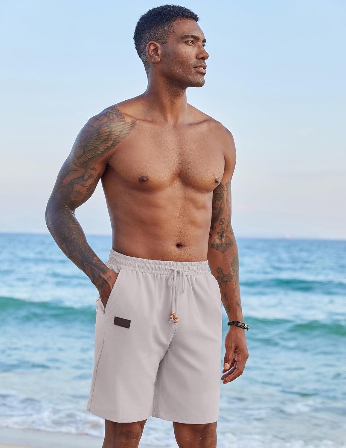 imageCOOFANDY Mens Casual Linen Shorts Elastic Waist Drawstring Loose Fit Summer Beach Vacation Shorts with PocketsLight Grey