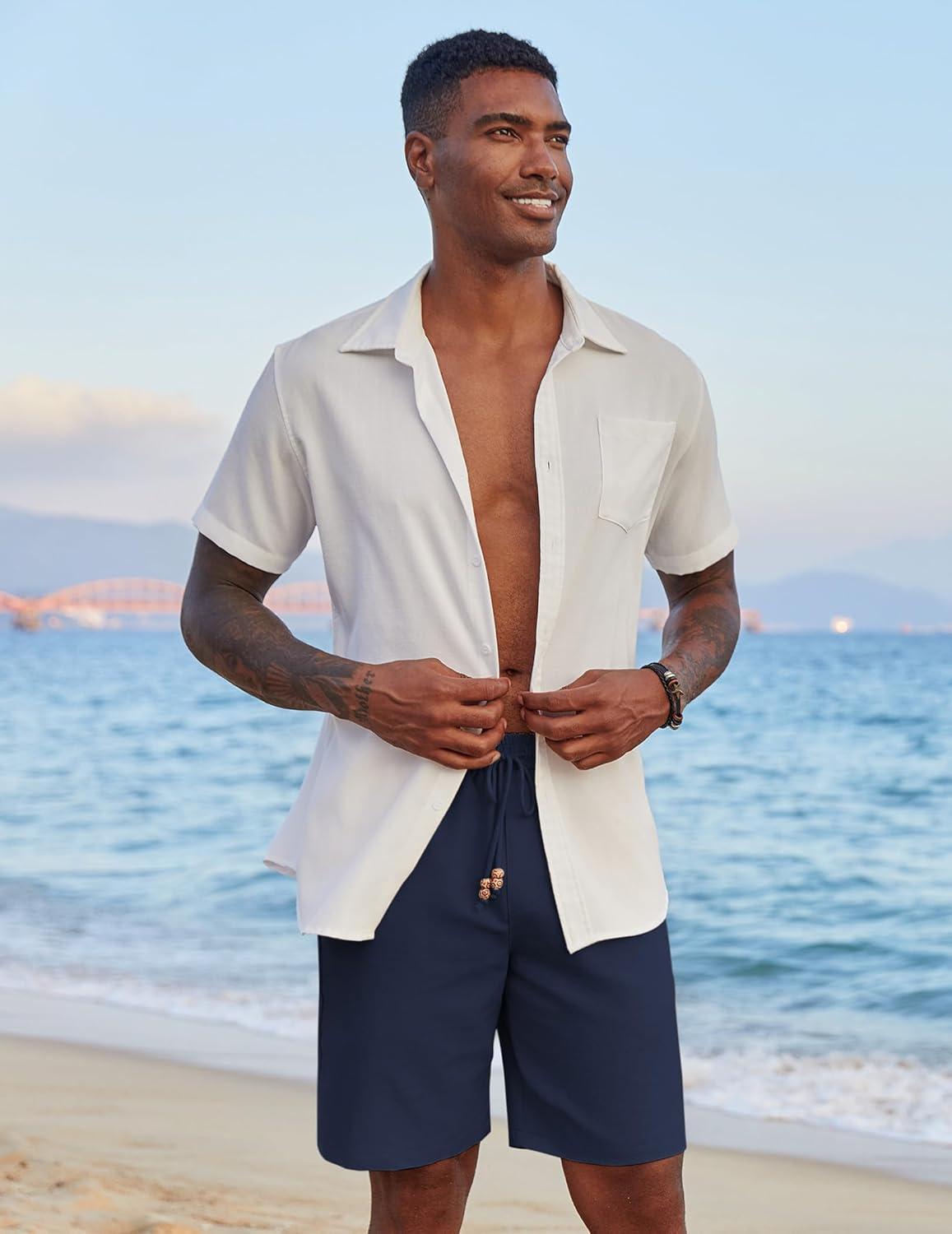 imageCOOFANDY Mens Casual Linen Shorts Elastic Waist Drawstring Loose Fit Summer Beach Vacation Shorts with PocketsNavy Blue