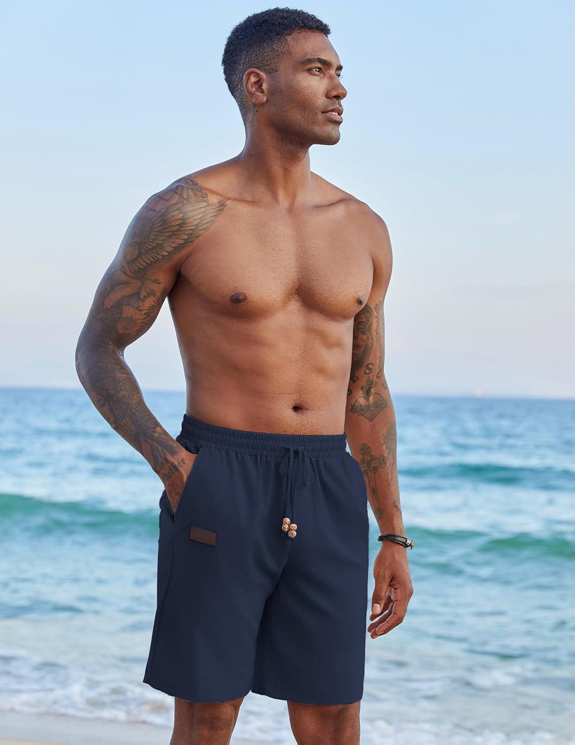 imageCOOFANDY Mens Casual Linen Shorts Elastic Waist Drawstring Loose Fit Summer Beach Vacation Shorts with PocketsNavy Blue