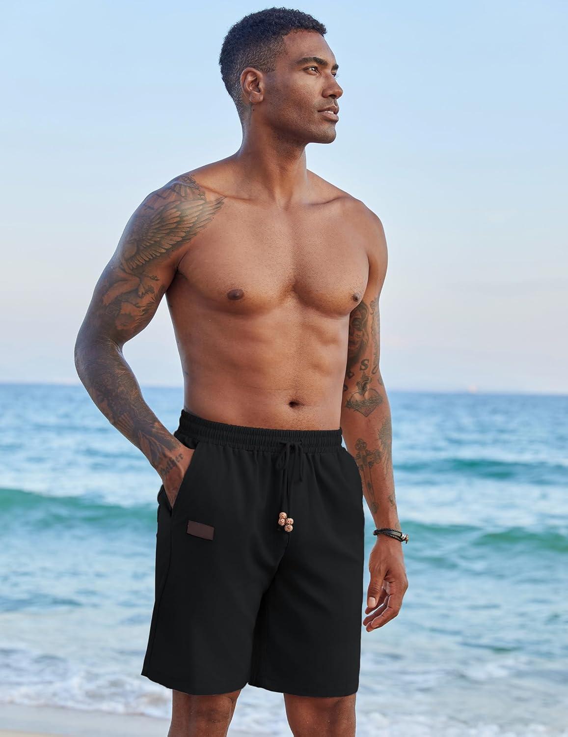 imageCOOFANDY Mens Casual Linen Shorts Elastic Waist Drawstring Loose Fit Summer Beach Vacation Shorts with PocketsZ WhiteBlack