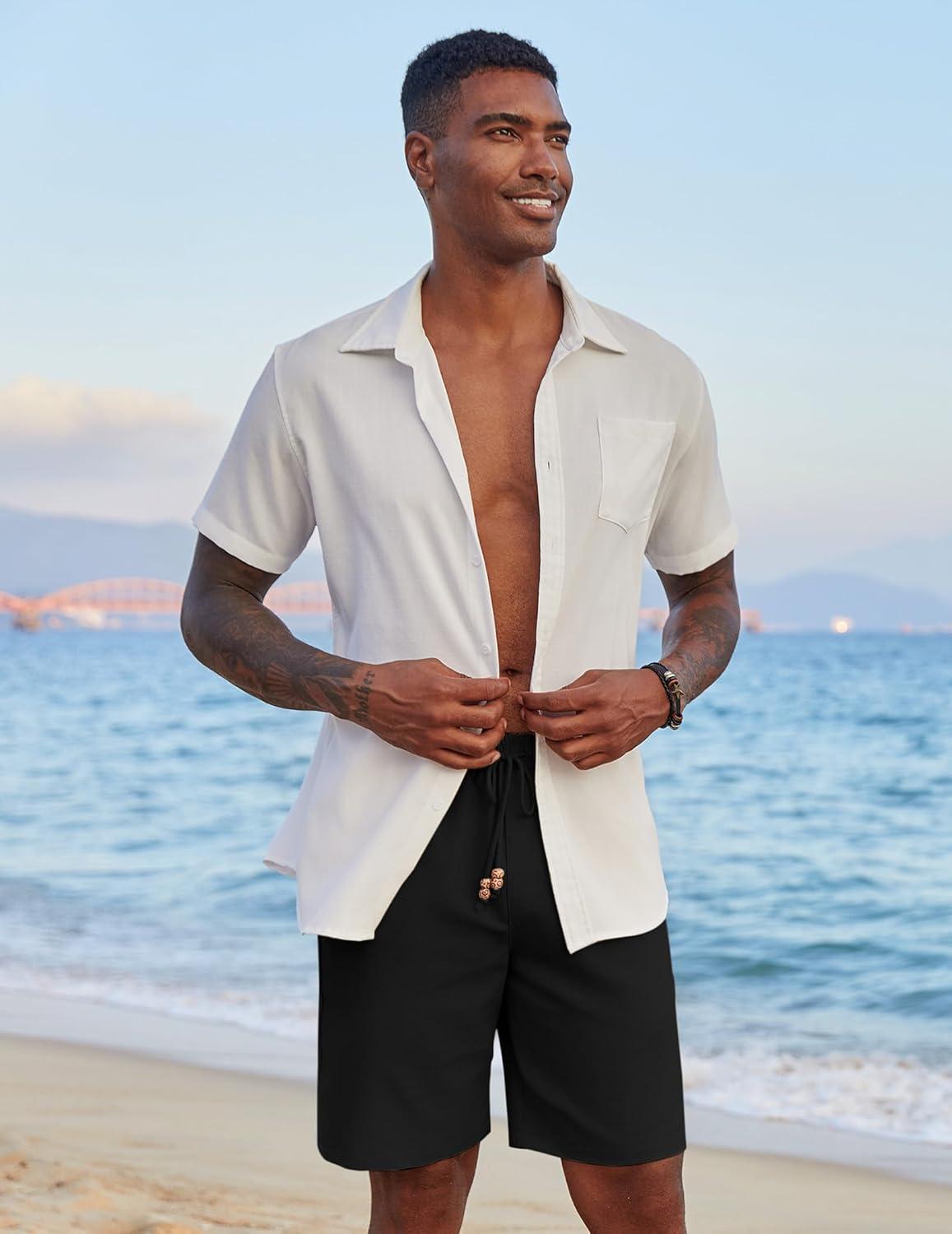 imageCOOFANDY Mens Casual Linen Shorts Elastic Waist Drawstring Loose Fit Summer Beach Vacation Shorts with PocketsZ WhiteBlack