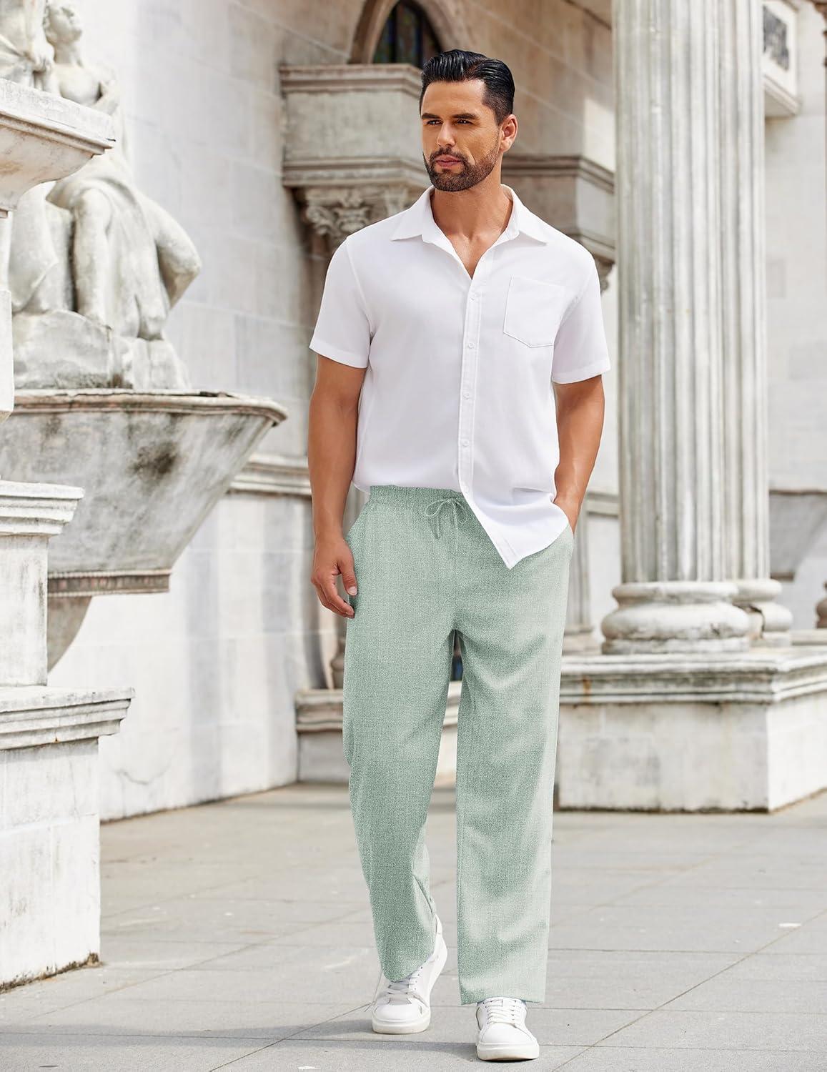 imageCOOFANDY Mens Casual Pants Drawstring Elastic Waist Pants Linen Summer Beach PantsLight Green