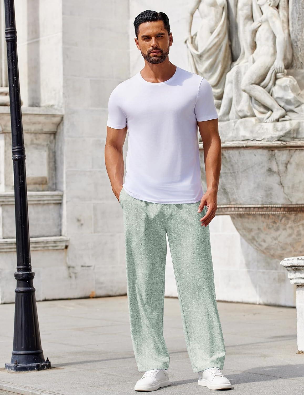 imageCOOFANDY Mens Casual Pants Drawstring Elastic Waist Pants Linen Summer Beach PantsLight Green