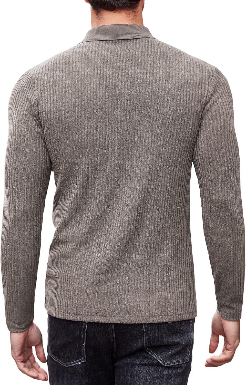imageCOOFANDY Mens Casual Polo Shirts Long Sleeve Textured Knit Tee Shirt Wrok TshirtsTan