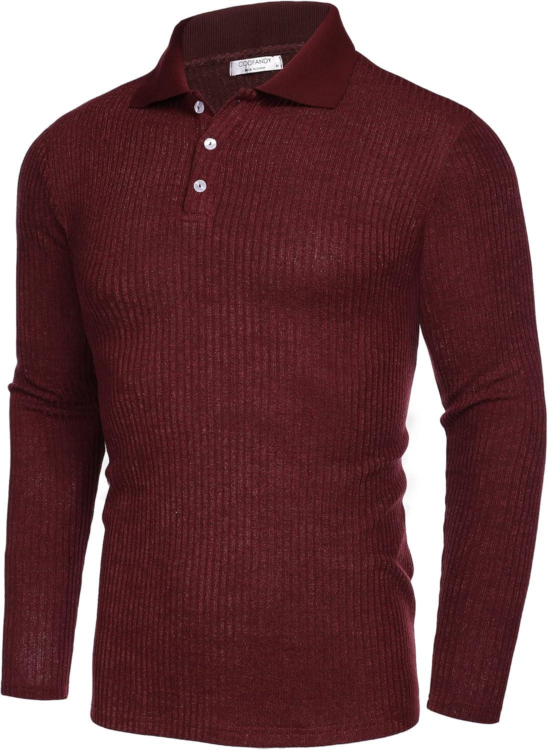 imageCOOFANDY Mens Casual Polo Shirts Long Sleeve Textured Knit Tee Shirt Wrok TshirtsWine Red