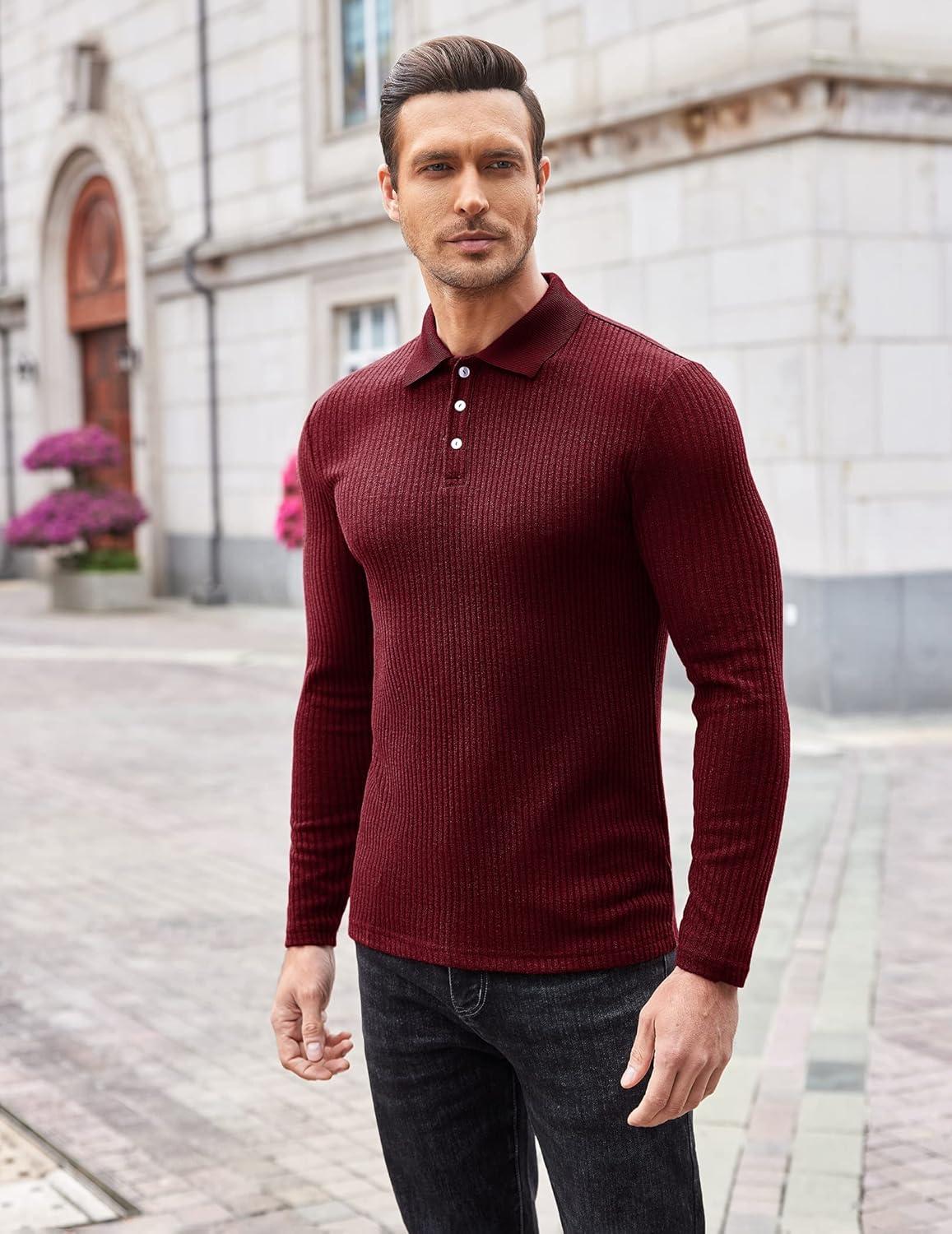 imageCOOFANDY Mens Casual Polo Shirts Long Sleeve Textured Knit Tee Shirt Wrok TshirtsWine Red