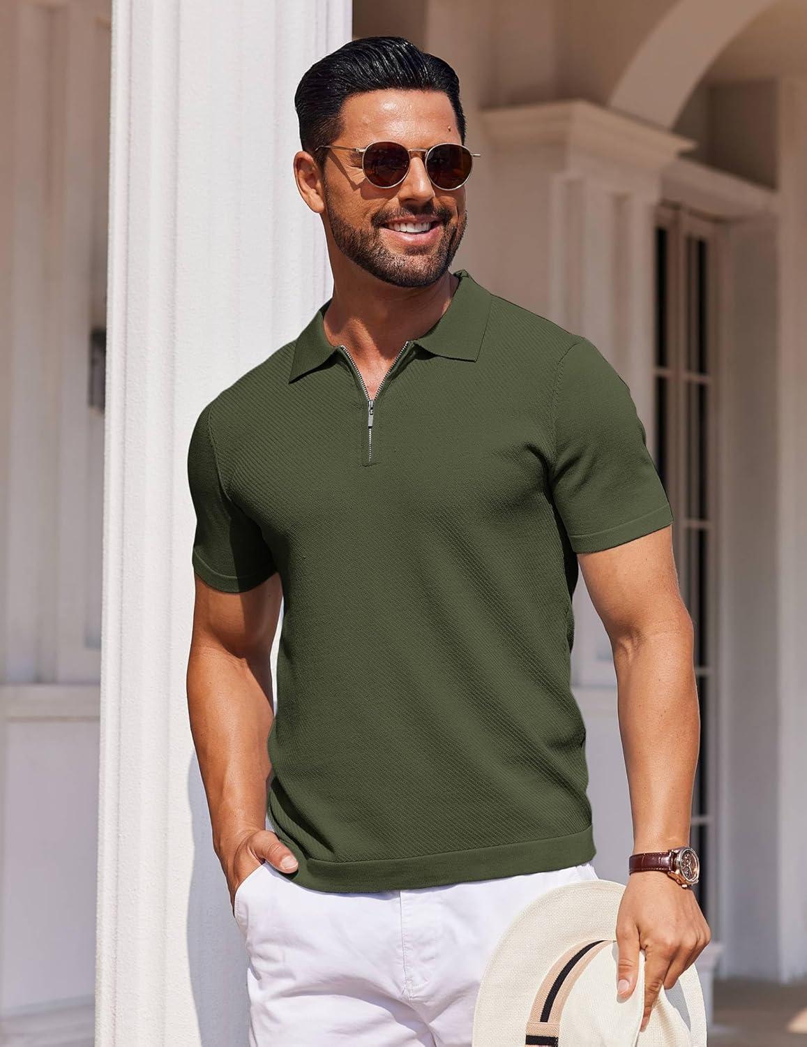 imageCOOFANDY Mens Casual Quarter Zipper Knit Polo Shirts Short Sleeve Summer Beach Shirt Textured Jersey TopsArmy Green