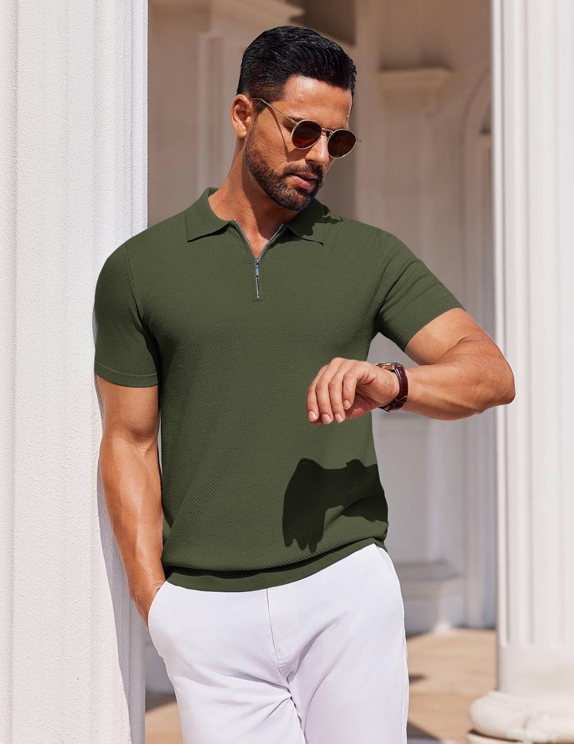 imageCOOFANDY Mens Casual Quarter Zipper Knit Polo Shirts Short Sleeve Summer Beach Shirt Textured Jersey TopsArmy Green