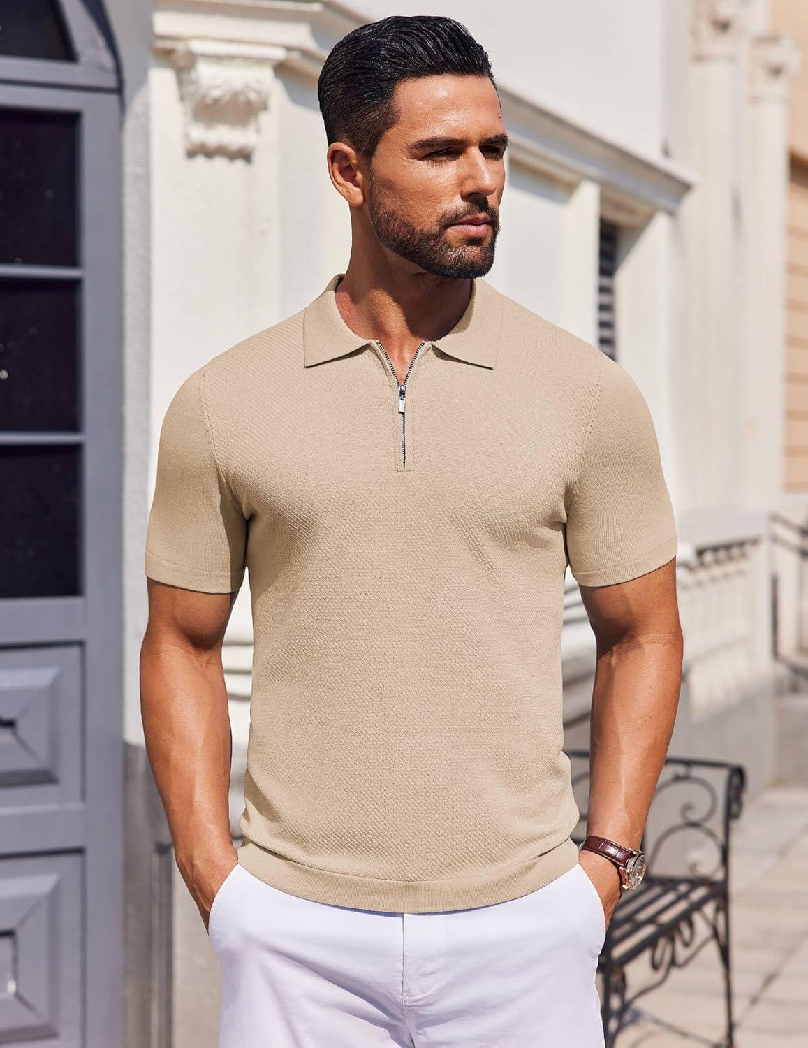 imageCOOFANDY Mens Casual Quarter Zipper Knit Polo Shirts Short Sleeve Summer Beach Shirt Textured Jersey TopsBeige