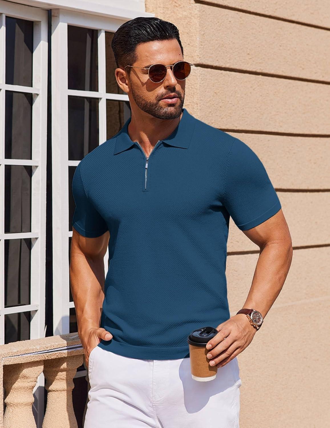 imageCOOFANDY Mens Casual Quarter Zipper Knit Polo Shirts Short Sleeve Summer Beach Shirt Textured Jersey TopsBlue