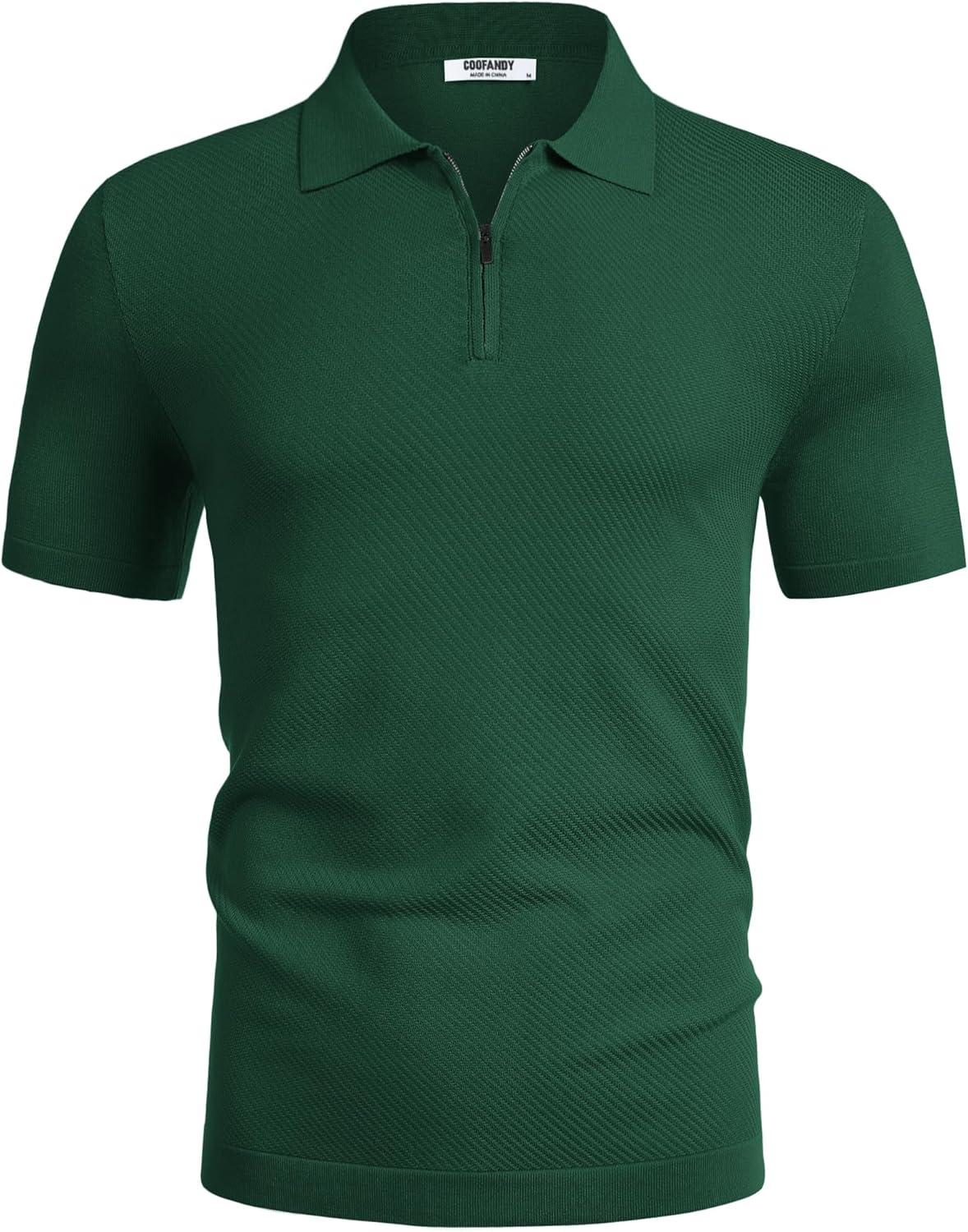 imageCOOFANDY Mens Casual Quarter Zipper Knit Polo Shirts Short Sleeve Summer Beach Shirt Textured Jersey TopsDark Green