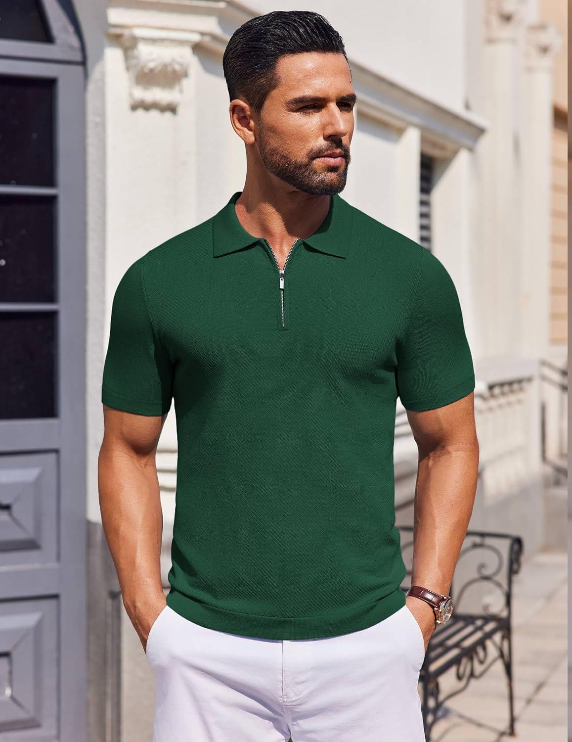 imageCOOFANDY Mens Casual Quarter Zipper Knit Polo Shirts Short Sleeve Summer Beach Shirt Textured Jersey TopsDark Green