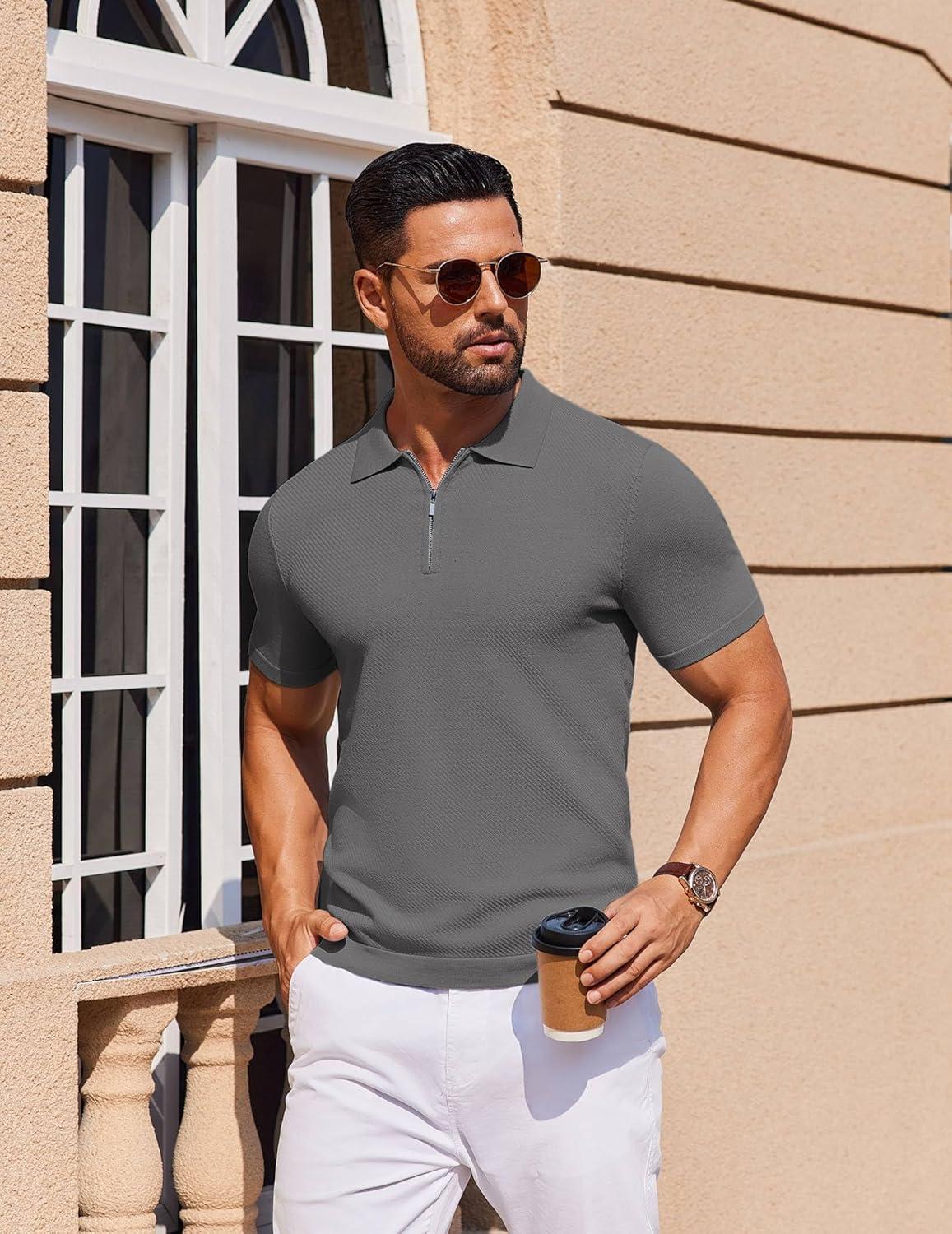 imageCOOFANDY Mens Casual Quarter Zipper Knit Polo Shirts Short Sleeve Summer Beach Shirt Textured Jersey TopsDark Grey