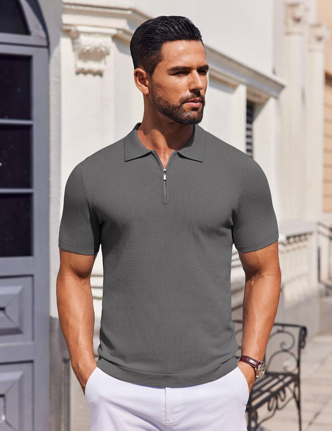 imageCOOFANDY Mens Casual Quarter Zipper Knit Polo Shirts Short Sleeve Summer Beach Shirt Textured Jersey TopsDark Grey