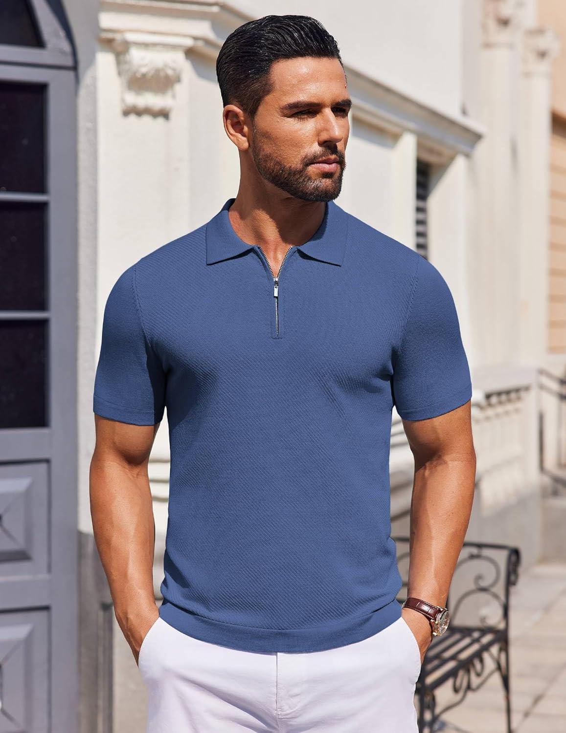 imageCOOFANDY Mens Casual Quarter Zipper Knit Polo Shirts Short Sleeve Summer Beach Shirt Textured Jersey TopsDenim Blue