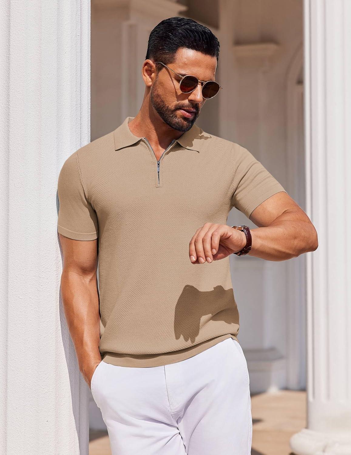 imageCOOFANDY Mens Casual Quarter Zipper Knit Polo Shirts Short Sleeve Summer Beach Shirt Textured Jersey TopsKhaki