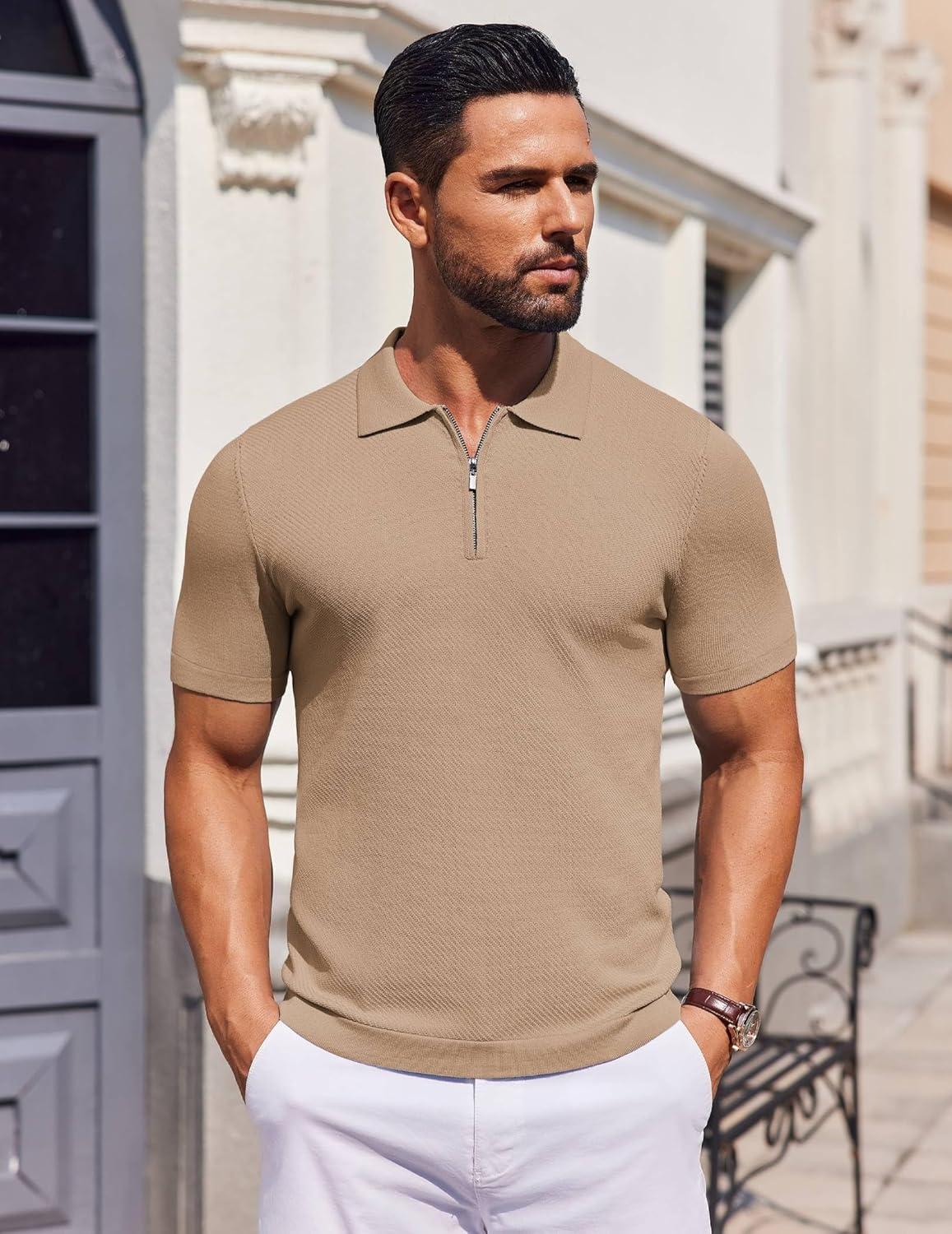 imageCOOFANDY Mens Casual Quarter Zipper Knit Polo Shirts Short Sleeve Summer Beach Shirt Textured Jersey TopsKhaki