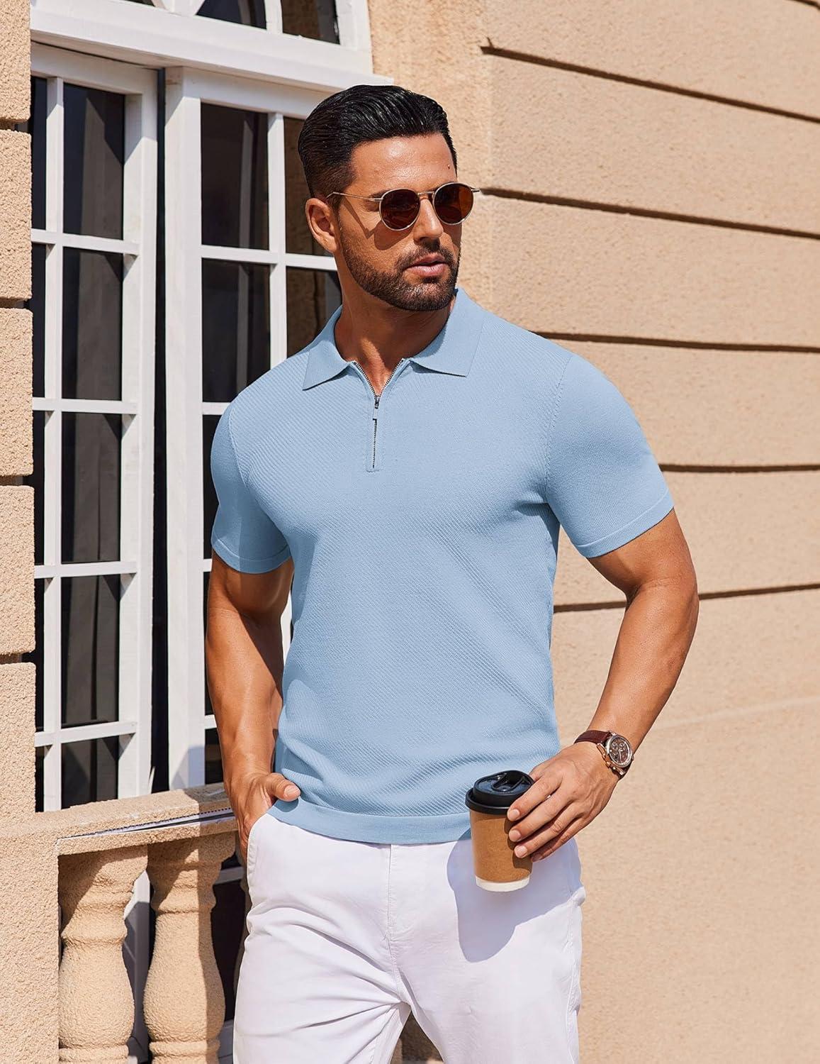 imageCOOFANDY Mens Casual Quarter Zipper Knit Polo Shirts Short Sleeve Summer Beach Shirt Textured Jersey TopsLight Blue