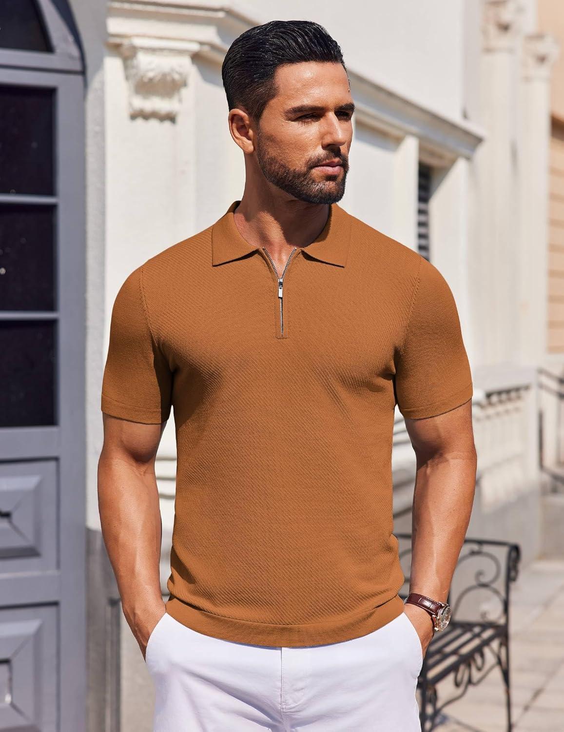 imageCOOFANDY Mens Casual Quarter Zipper Knit Polo Shirts Short Sleeve Summer Beach Shirt Textured Jersey TopsLight Brown