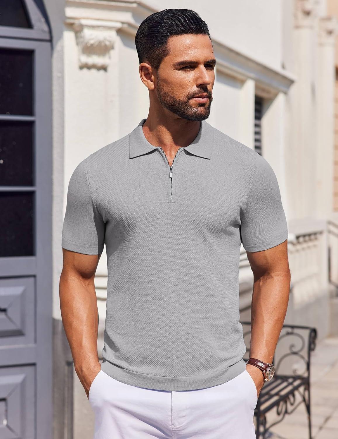 imageCOOFANDY Mens Casual Quarter Zipper Knit Polo Shirts Short Sleeve Summer Beach Shirt Textured Jersey TopsLight Grey