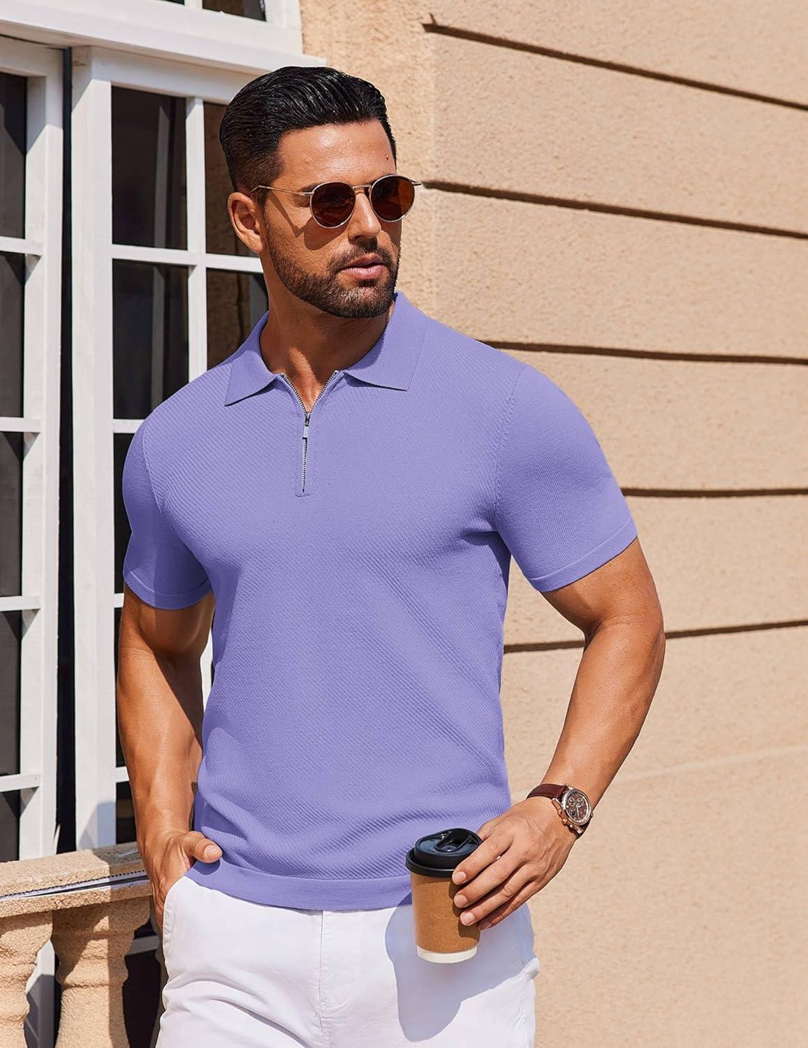 imageCOOFANDY Mens Casual Quarter Zipper Knit Polo Shirts Short Sleeve Summer Beach Shirt Textured Jersey TopsLilac