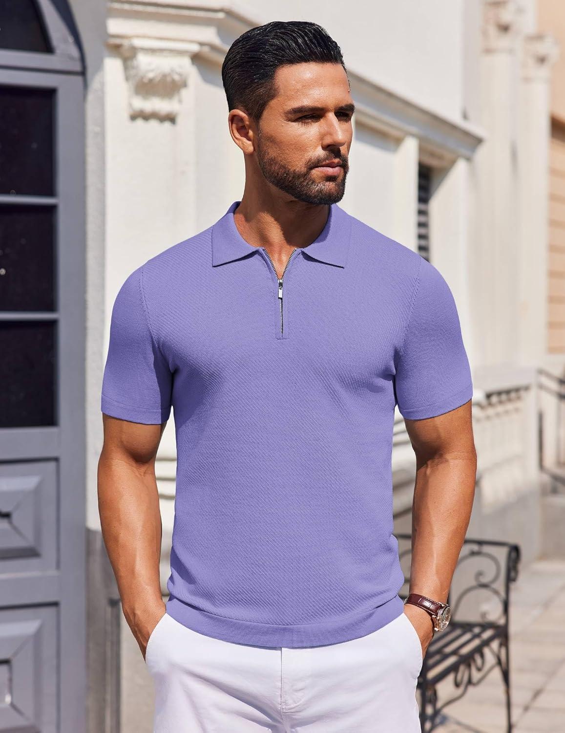 imageCOOFANDY Mens Casual Quarter Zipper Knit Polo Shirts Short Sleeve Summer Beach Shirt Textured Jersey TopsLilac