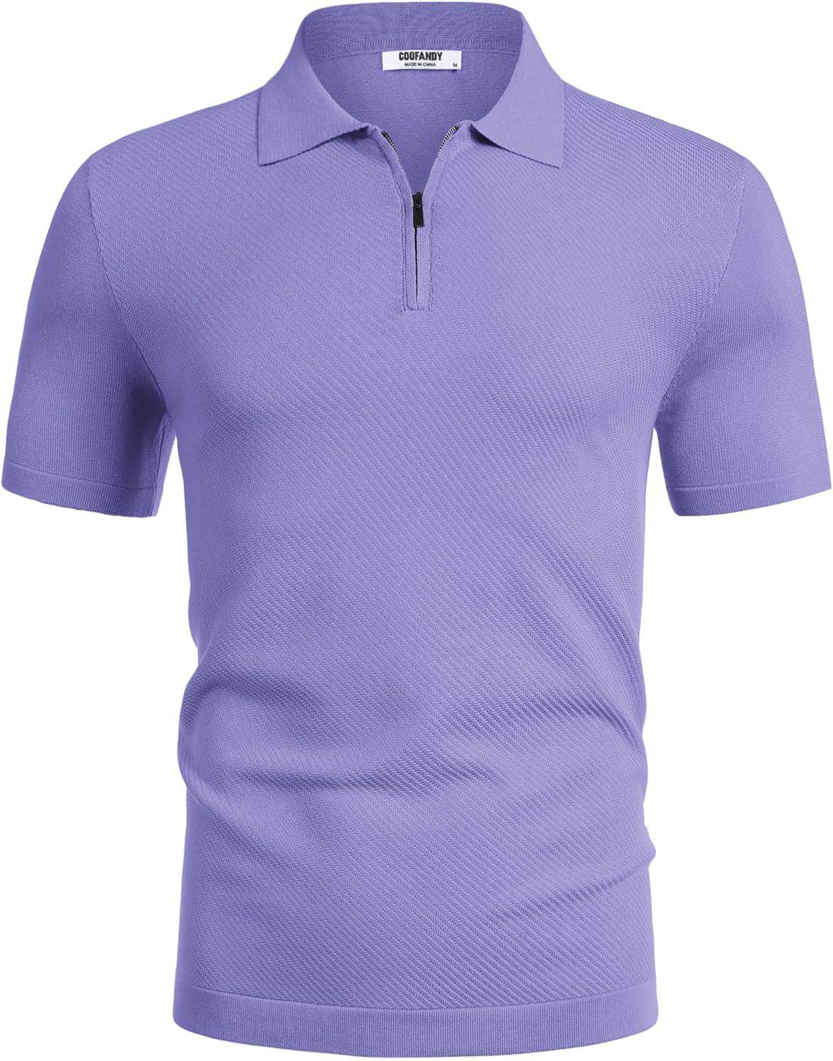 imageCOOFANDY Mens Casual Quarter Zipper Knit Polo Shirts Short Sleeve Summer Beach Shirt Textured Jersey TopsLilac