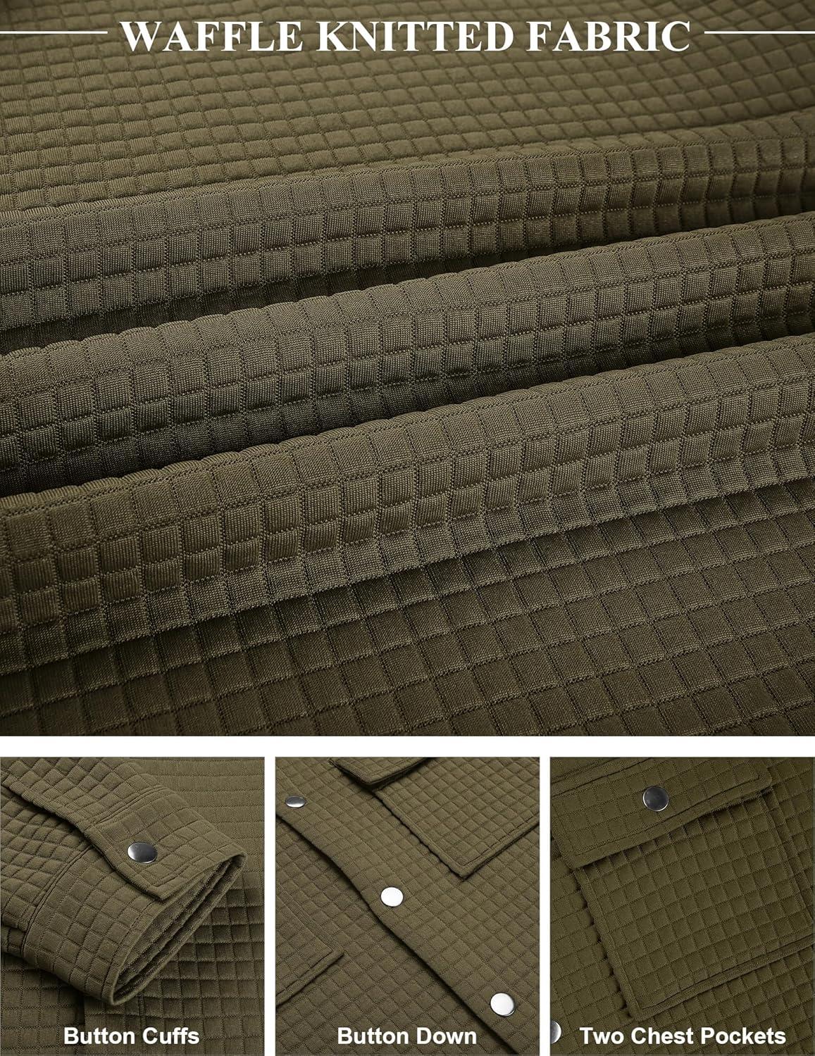 imageCOOFANDY Mens Casual Shirt Jacket Button Down Waffle Jacket Long Sleeve Sweater Jackets Quilted Shacket OvershirtArmy Green